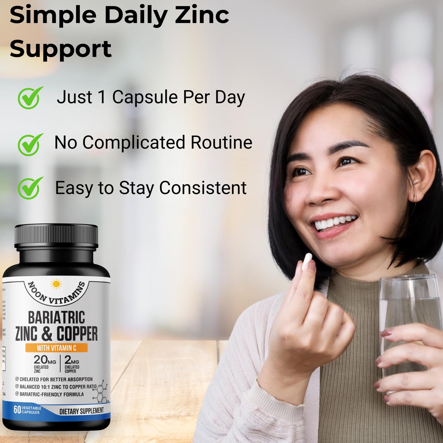 NOON VITAMINS Bariatric Zinc 20mg with Copper 2mg (10:1 Ratio) + Vitamin C – Balanced Bariatric Formula – TRAACS Chelated Zinc Glycinate – Gentle on Stomach, 60 Capsules