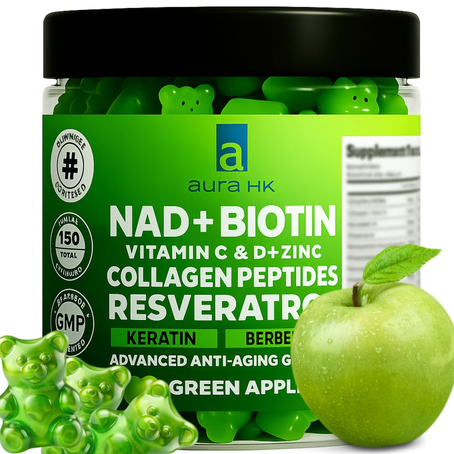 Aura HK NAD+ Biotin, Resveratrol, Berberine & Anti-Aging Gummies Apple Flavor, 120 Gummies
