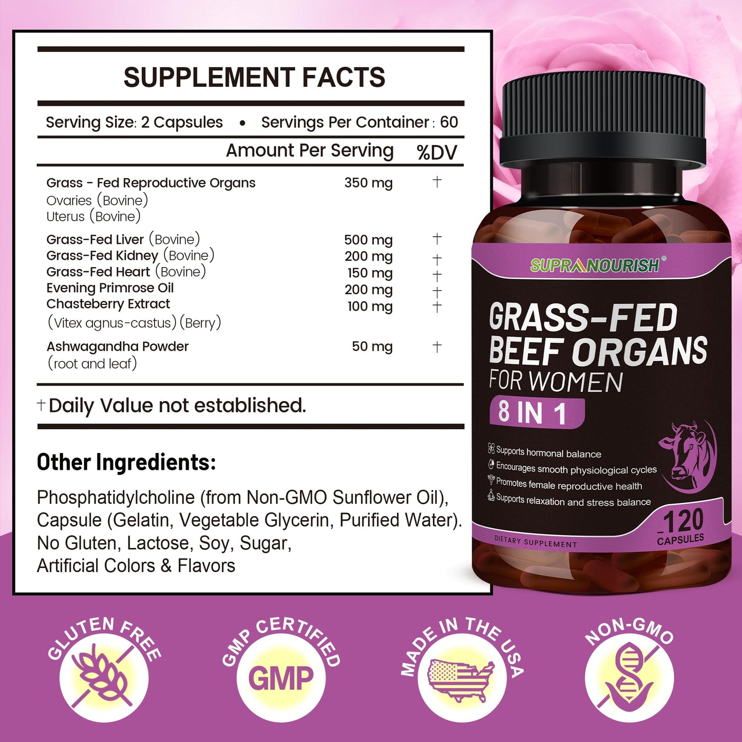 SUPRANOURISH Grass Fed Beef Organs for Women - Liver, Kidney, Heart, Uterus & Ovary Complex with Vitex, Evening Primrose Oil & Ashwagandha - Hormone Balance & Cycle Support, 120 Capsules