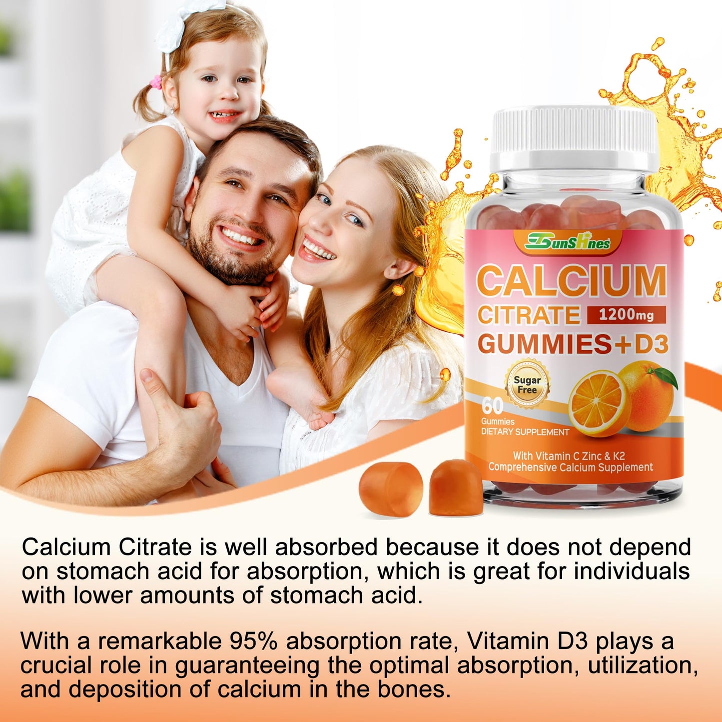 tsunshnes Calcium Citrate Gummies 1200mg with Vitamin D3, K2, Zinc and Vitamin C 5-in-1 Immune Support - Sugar Free, Non-GMO Chewable - Orange Flavor, 60 Count