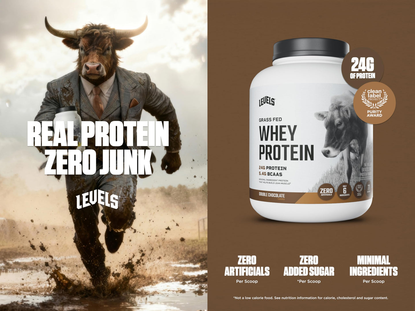 Levels Nutrition Grass Fed Whey Protein Powder Double Chocolate, 80 Servings