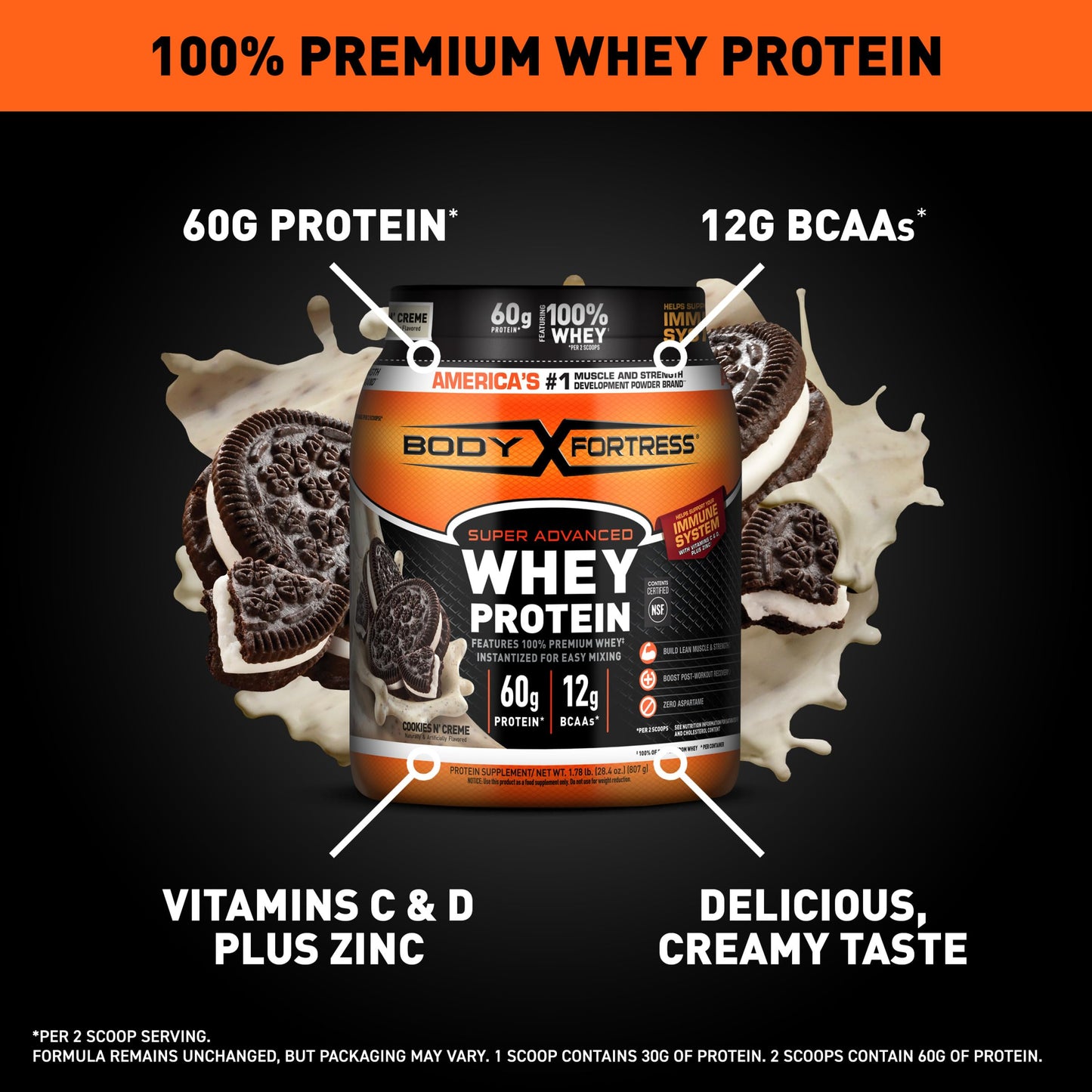 Body Fortress Super Advanced Whey Protein Powder Cookies N’ Creme, 28.4 oz