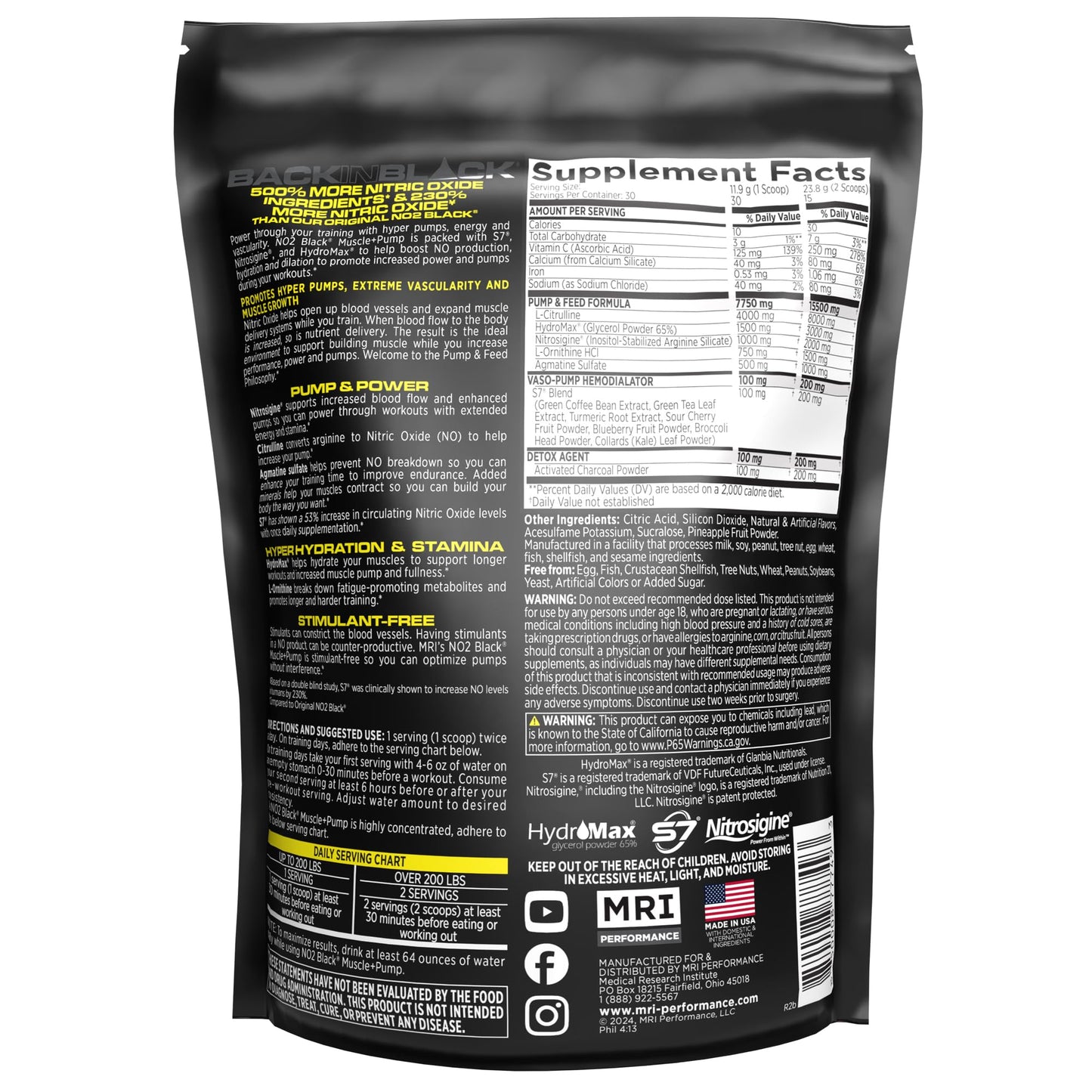 MRI NO2 Black Nitric Oxide, Pump & Muscle, Stim-Free PreWO (Jacked Juice) Powder, 12.59 Ounce