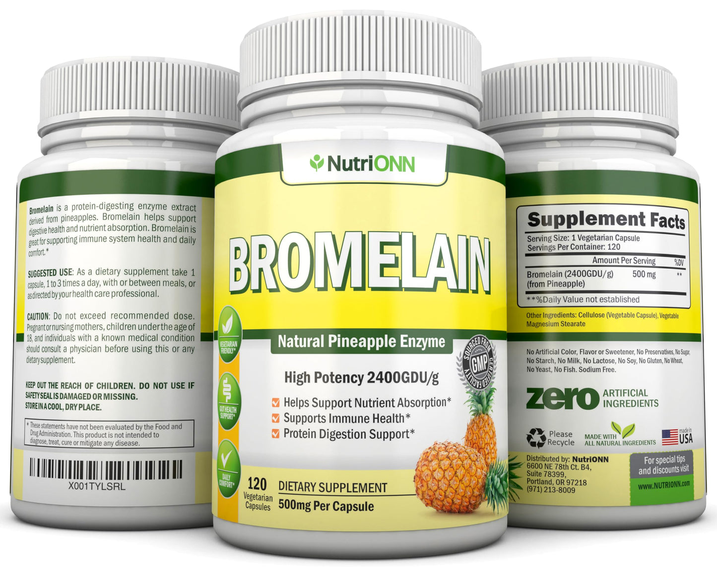 NutriONN Bromelain - 500mg - 2400 GDU Capsule, 120 Count