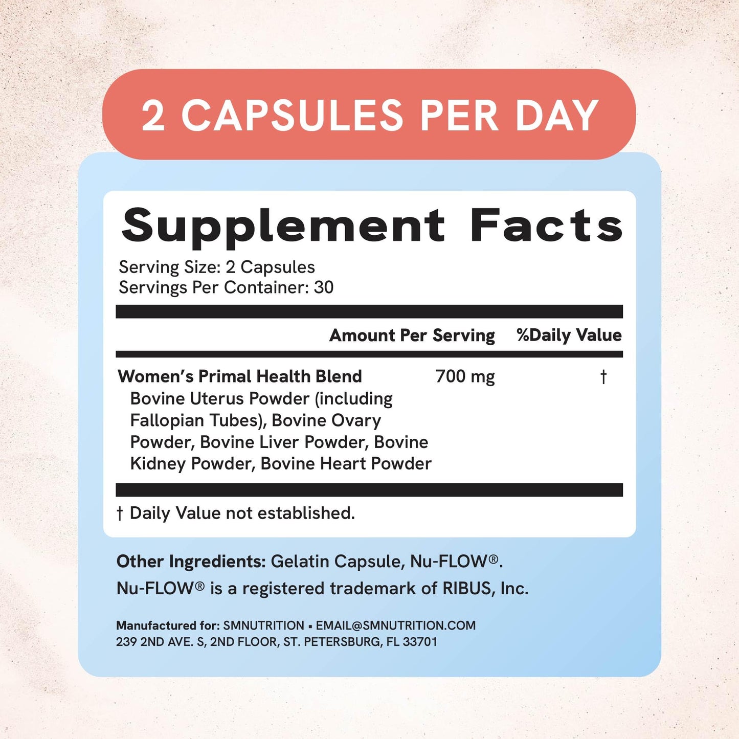 SMNutrition Beef Organ Supplement for Women Capsules 60 Count