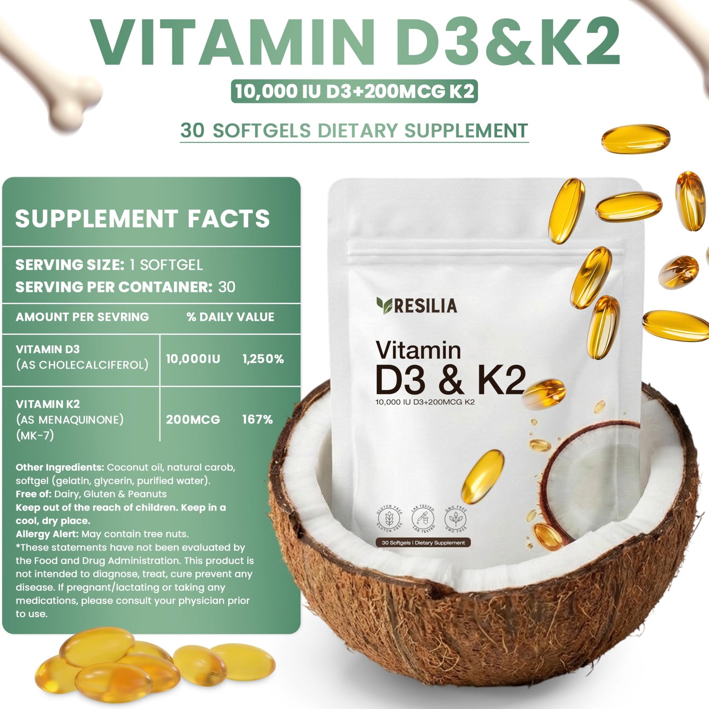 Resilia Oil Of Oregano D3 K2 Vitamin 10000 IU + MK-7 200 mcg Capsule 1 Count