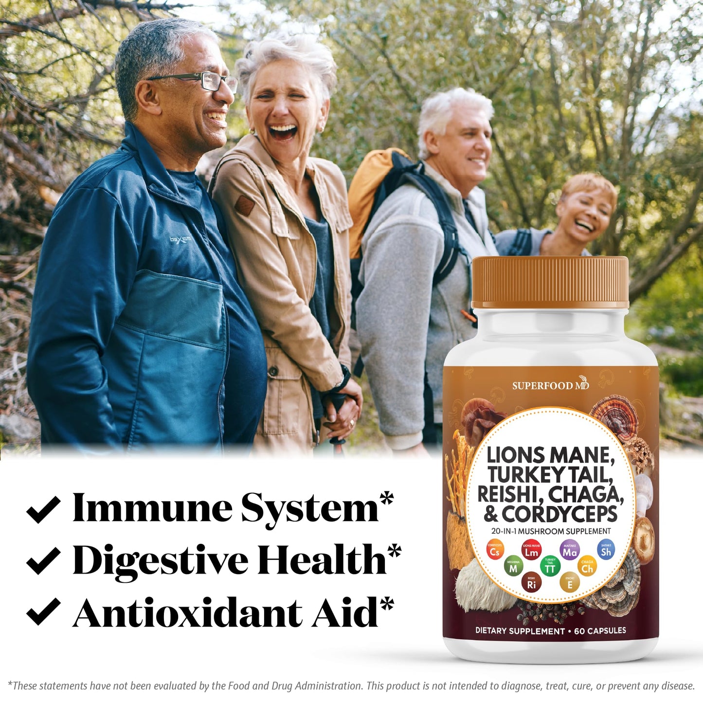 Superfood MD Lions Mane Mushroom Supplement with Turkey Tail Reishi Cordyceps Chaga with Marshmallow Root Capsules, 120 Count