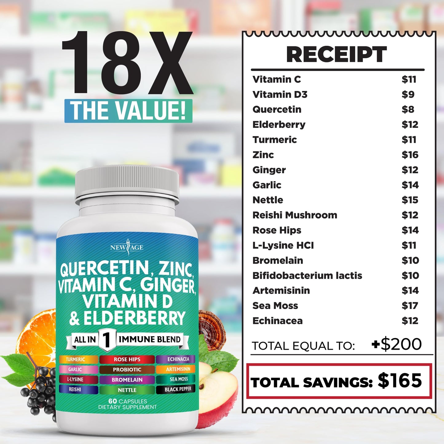 NEW AGE Quercetin Zinc Vitamin C Vitamin D Bromelain Elderberry Nettle Supplement with Artemisinin, Sea Moss, Echinacea Capsule, 60 Count
