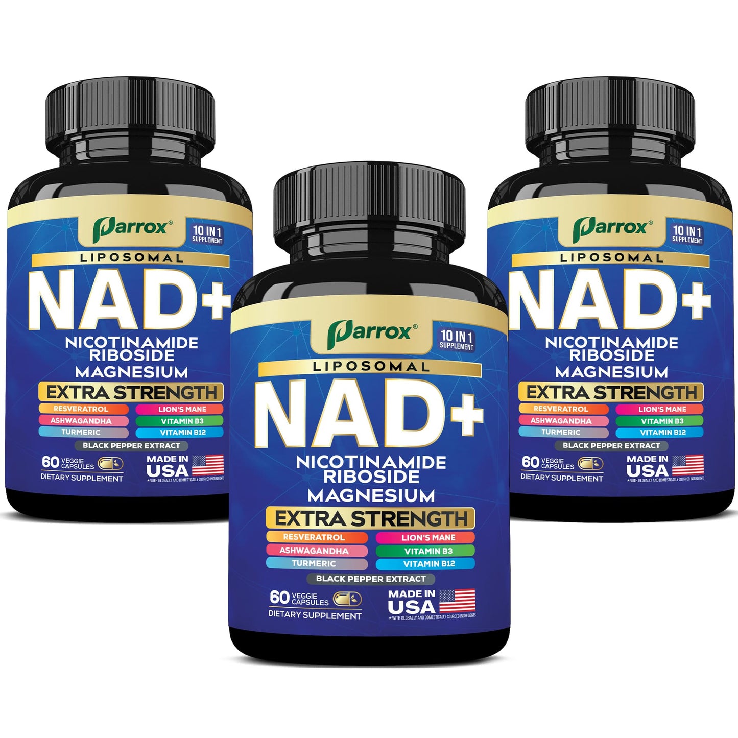 Parrox NAD+ Supplement with Liposomal NAD+, Nicotinamide Riboside, Magnesium, Vitamin B3 & B12, Resveratrol, Turmeric, Ashwagandha, Lion’s Mane, 10-in-1 Extra Strength, 180 Capsules