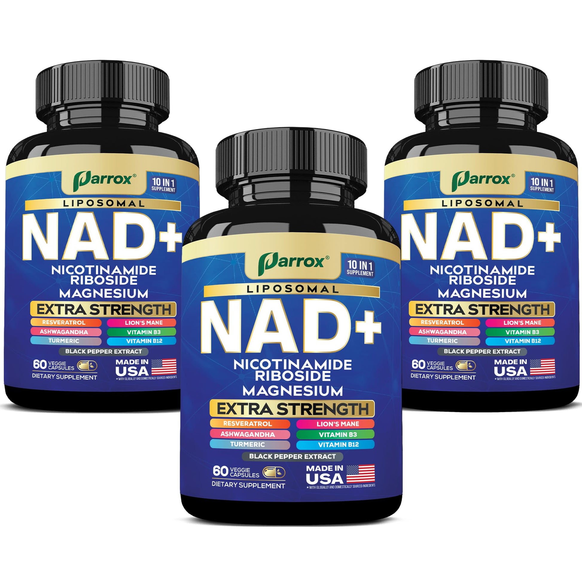 Parrox NAD+ Supplement with Liposomal NAD+, Nicotinamide Riboside, Magnesium, Vitamin B3 & B12, Resveratrol, Turmeric, Ashwagandha, Lion’s Mane, 10-in-1 Extra Strength, 180 Capsules