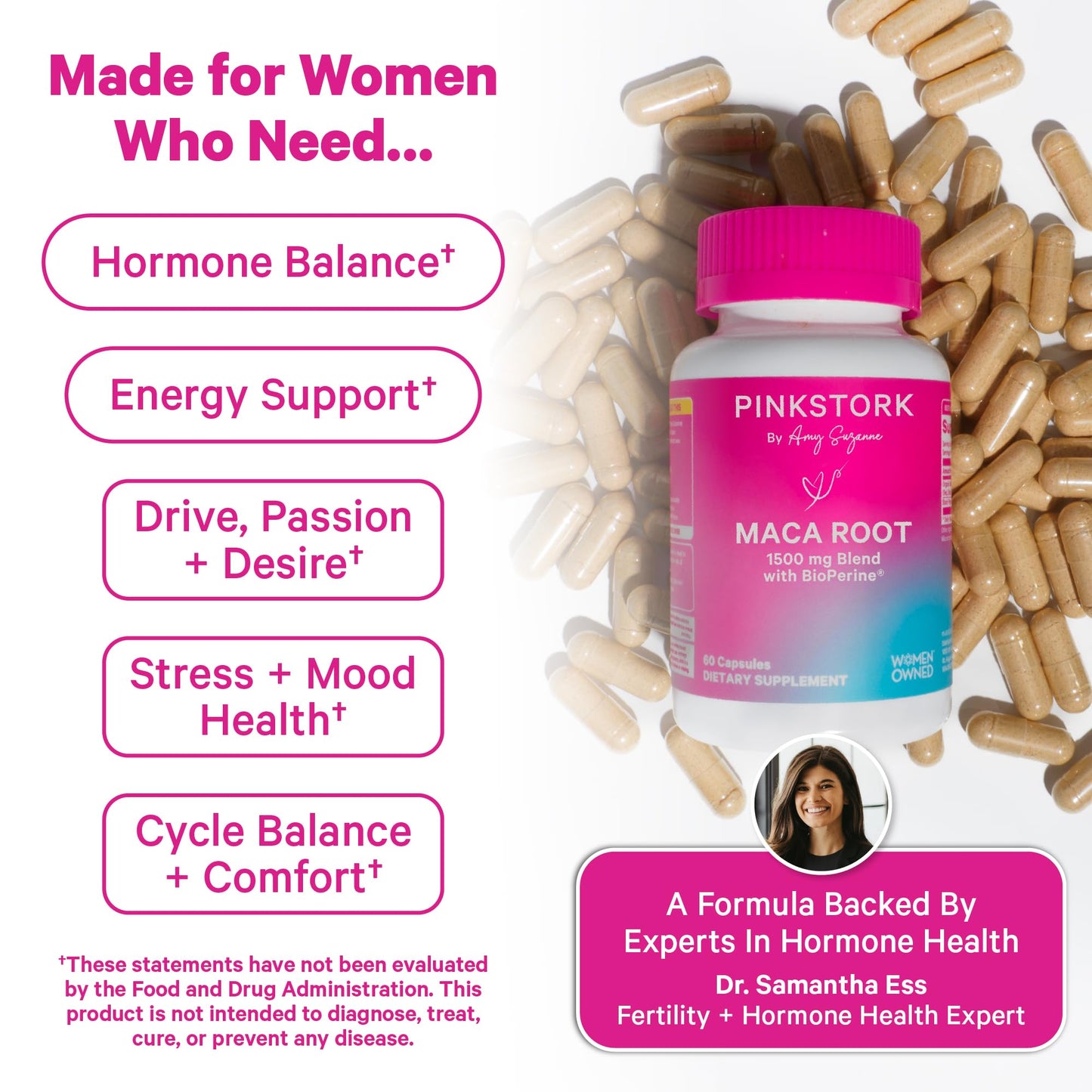 Pink Stork Maca Root Capsules for Women, Organic Maca with BioPerine, 60 Capsules
