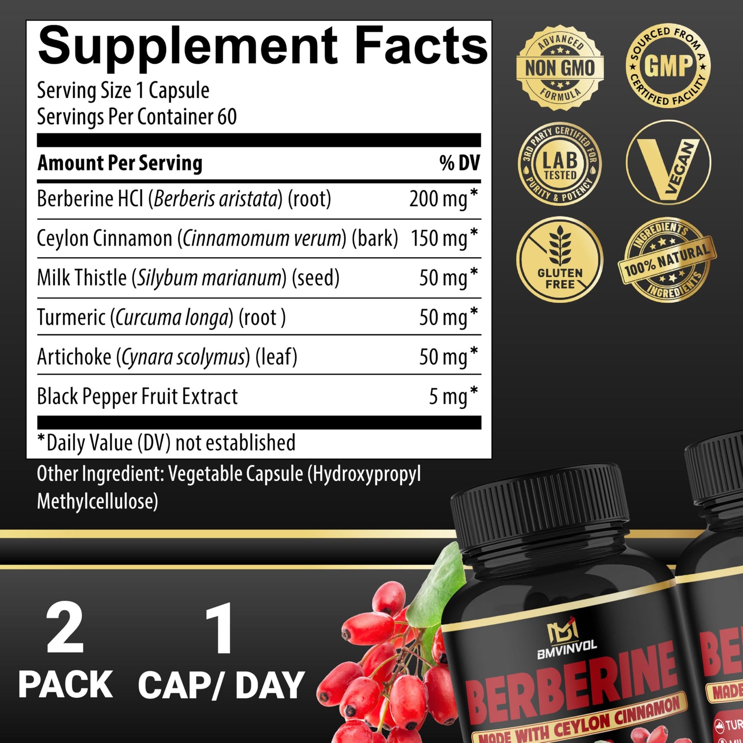 BMVINVOL Berberine Supplement Plus Ceylon Cinnamon and Turmeric 120 Capsules