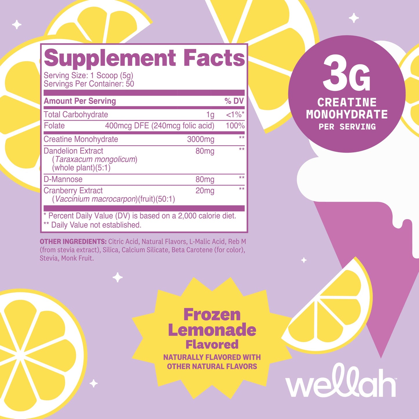 Wellah Creatine for Women - Creatine Monohydrate with Dandelion & Cranberry Extract Powder, 50 Servings