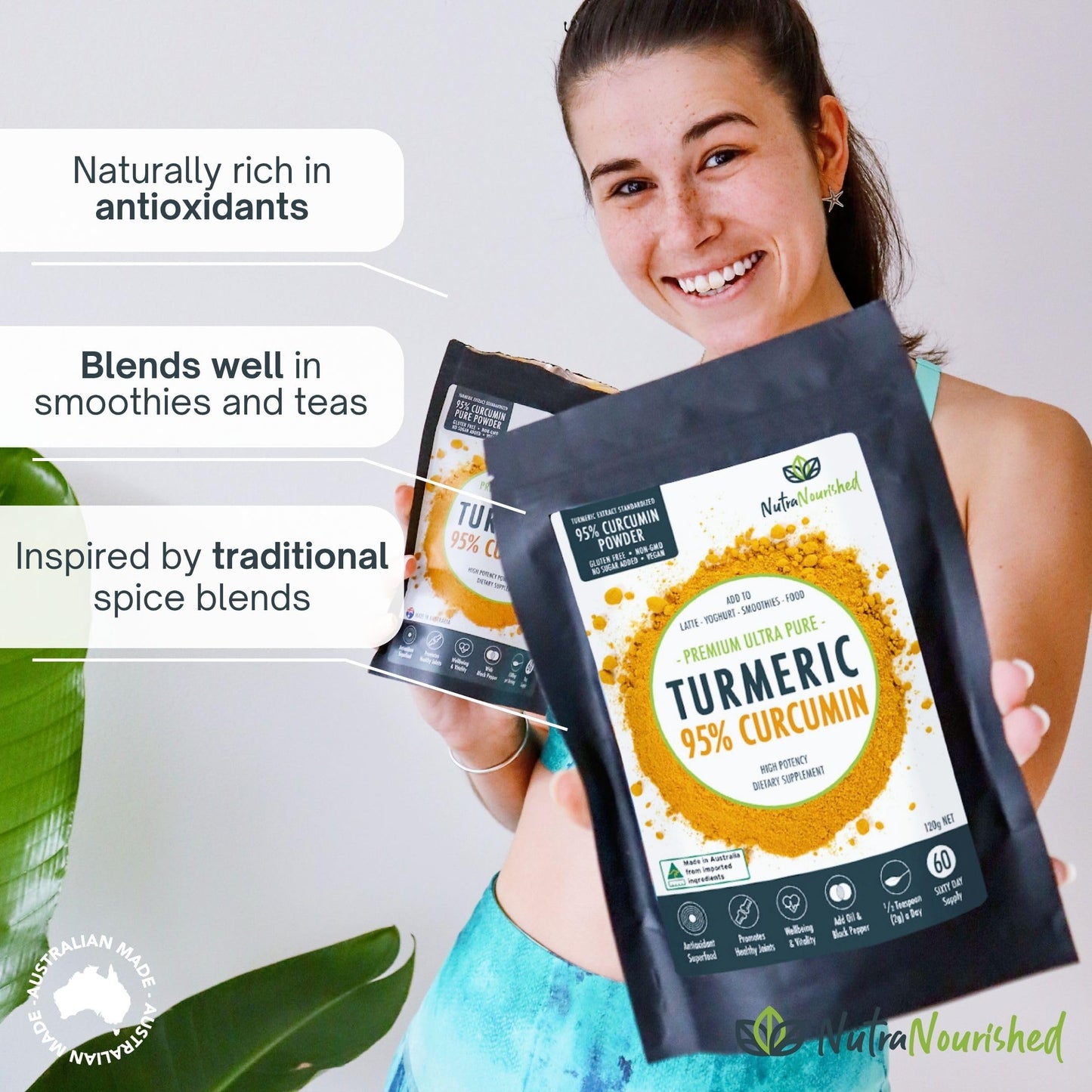 Nutra Nourished Organic Turmeric Curcumin Powder – 95% Curcuminoids (1500mg per Serve) with Black Pepper, Vegan, Gluten-Free, Non-GMO – Made in Australia, 120g (4.23 oz)