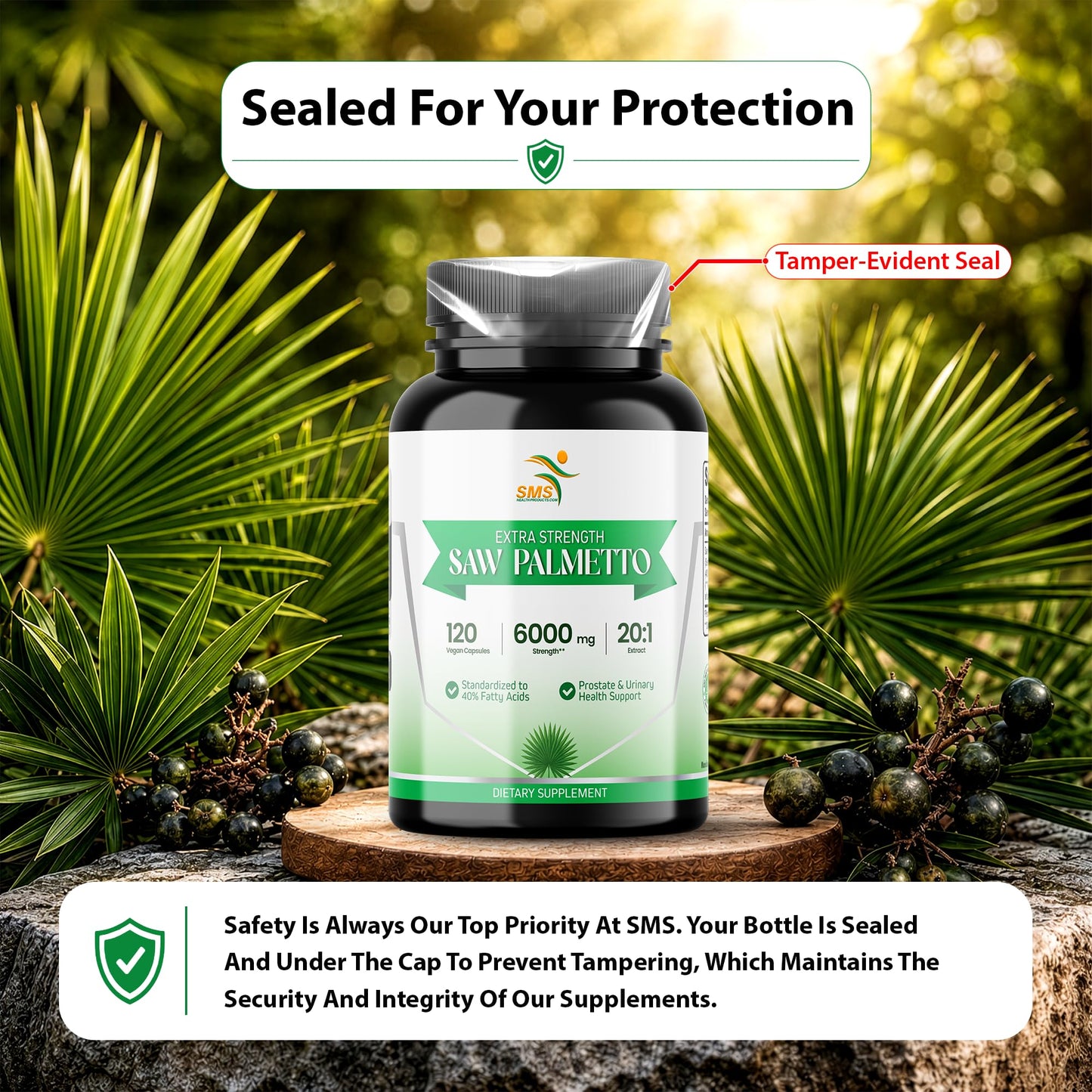 SMSHEALTHPRODUCTS.com Saw Palmetto Extra Strength 20:1 Extract 40% Fatty Acids, 120 Vegan Capsules