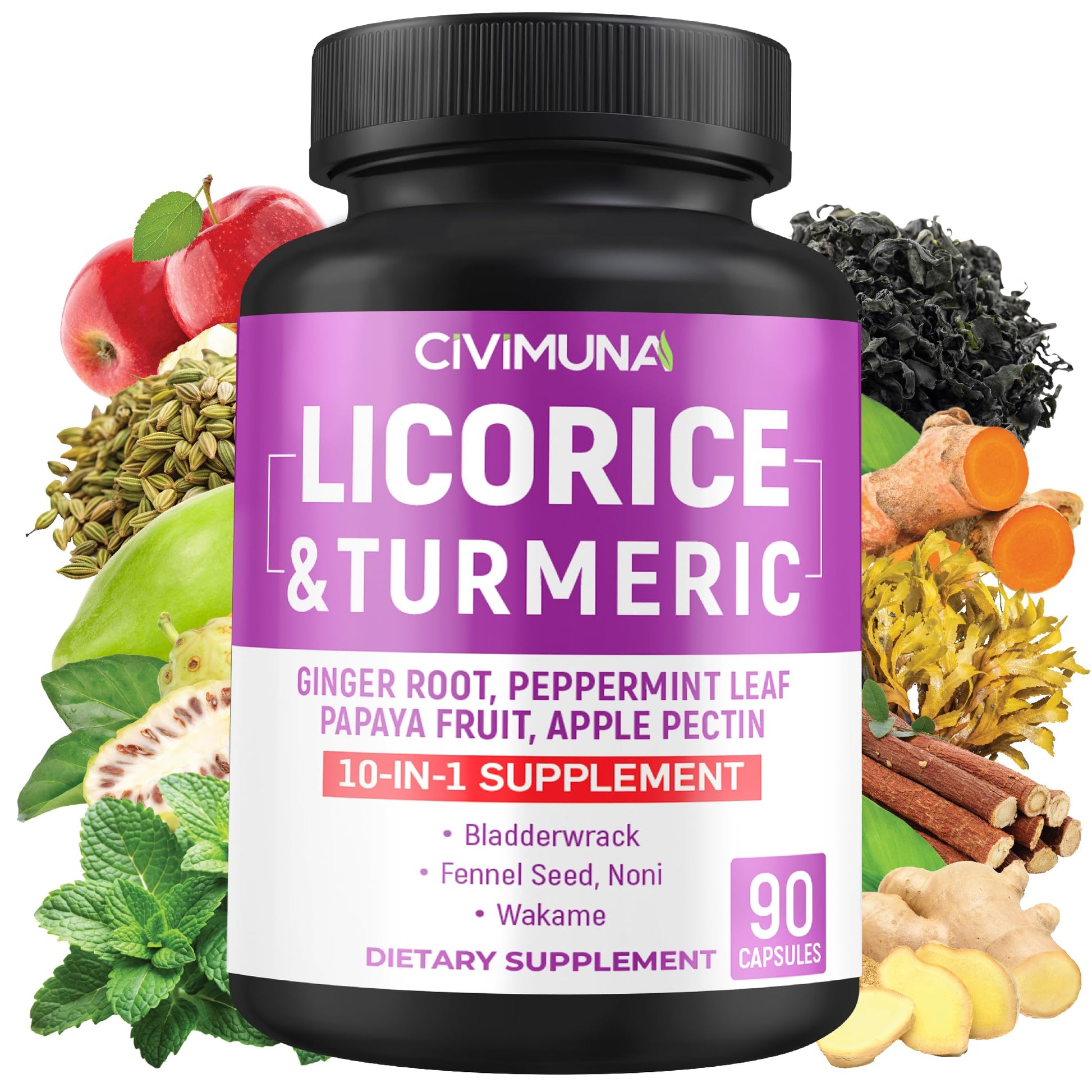 CIVIMUNA Licorice Root Capsules with Turmeric Root, Ginger Root, Peppermint Leaf & Papaya Fruit, 90 Capsules