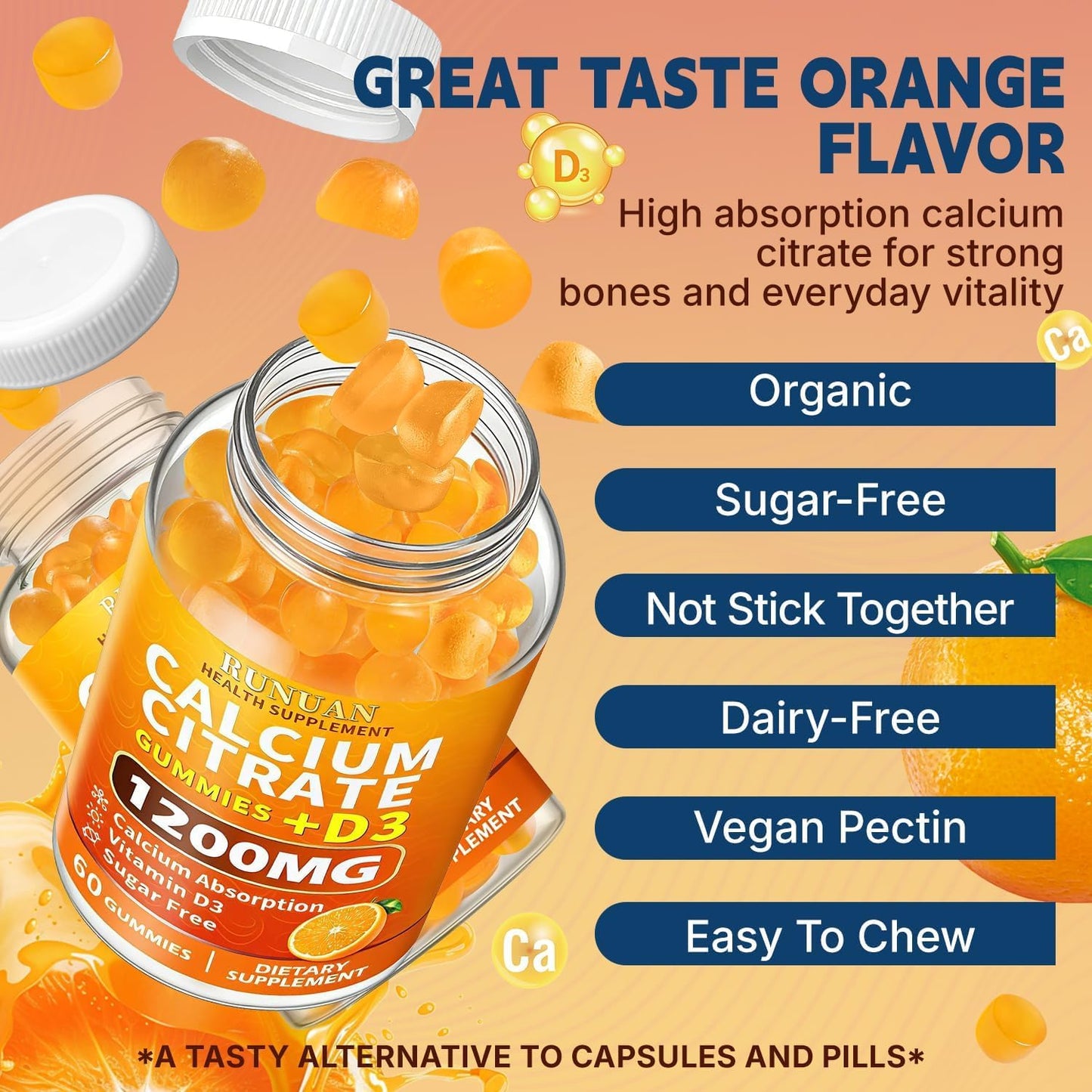 RUNUAN Calcium Citrate 1200mg Gummies with Vitamin D3, 120 Gummies