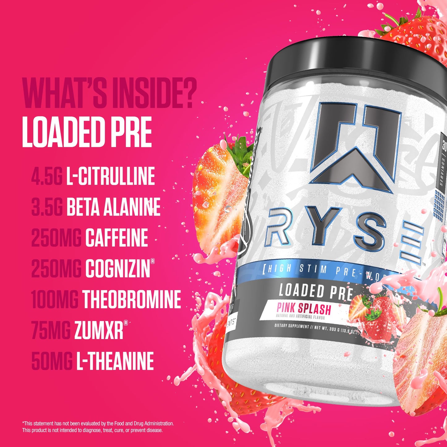 RYSE Up Supplements Loaded Pre Workout Pink Splash Powder 15.3 Ounces