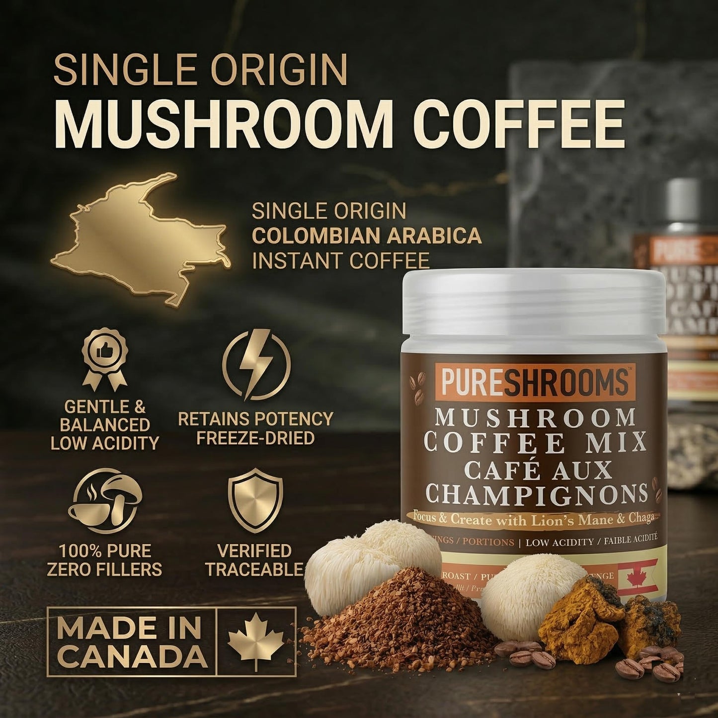 PureShrooms Focus & Create Organic Instant Mushroom Coffee with Lion's Mane & Chaga – Nootropic Brain & Immune Support, Powder, 3.53 oz
