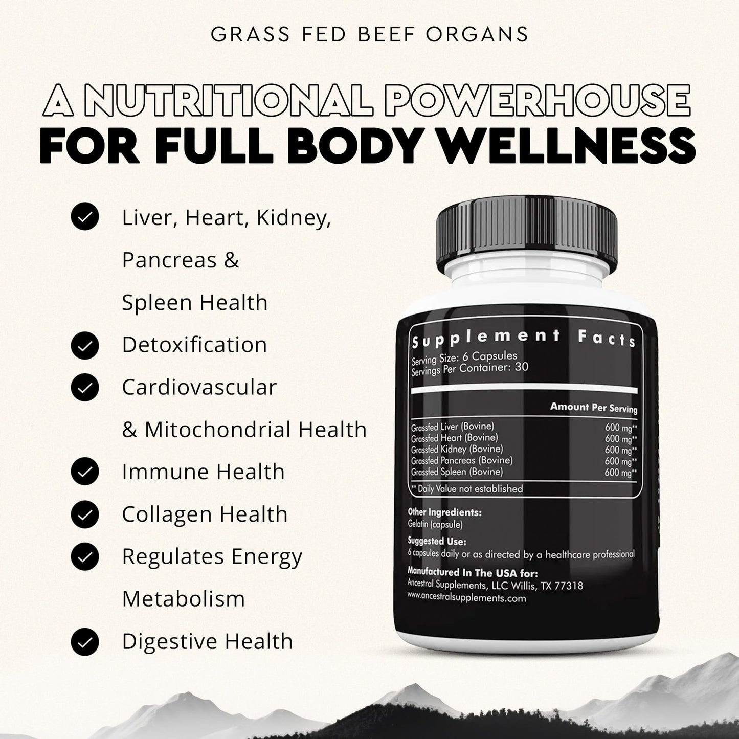Ancestral Supplements Grass Fed Beef Organ Supplement Softgels 180