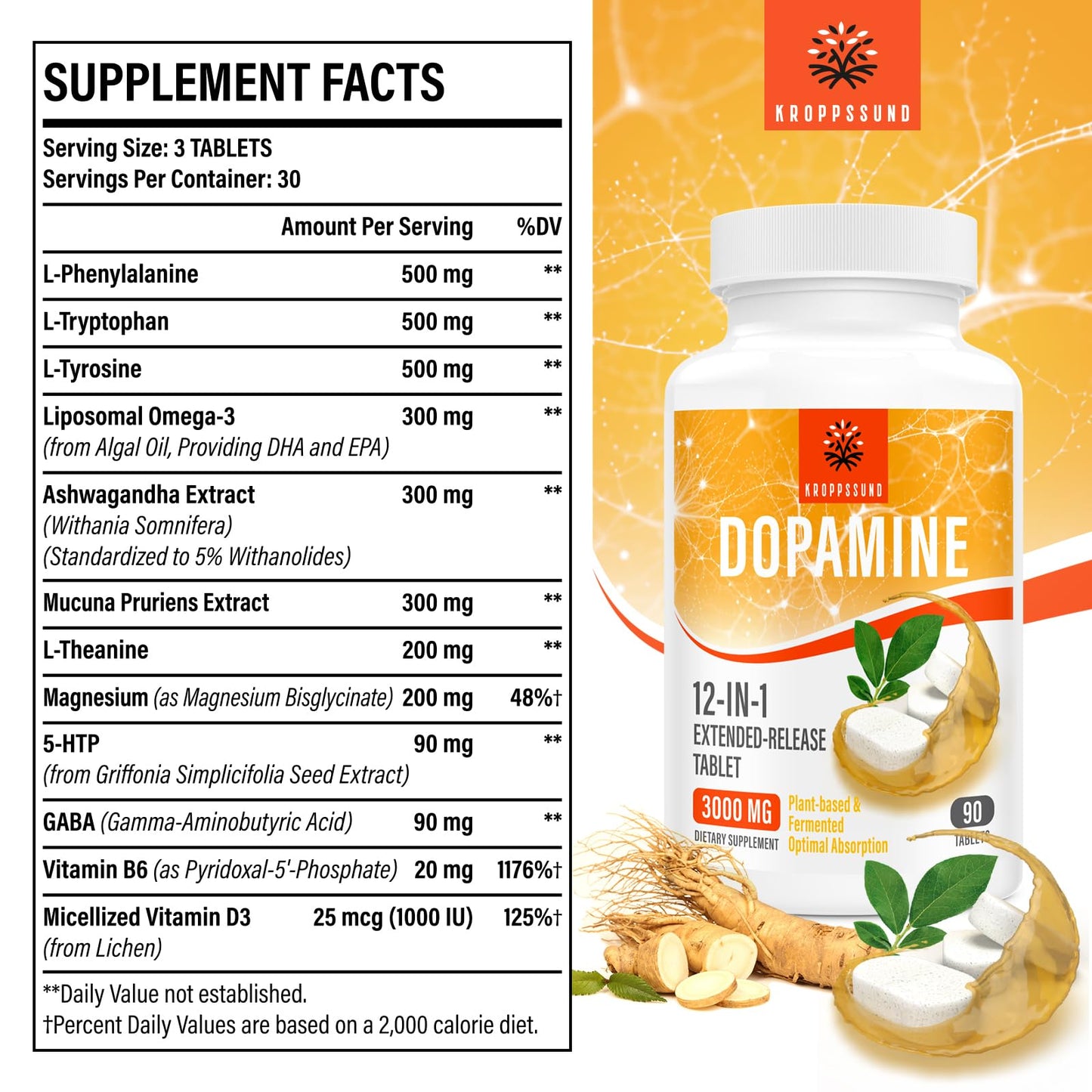 Kroppssund Dopamine Supplements with L-Theanine & Ashwagandha 12-in-1 Extended Release Formula 90 Tablets