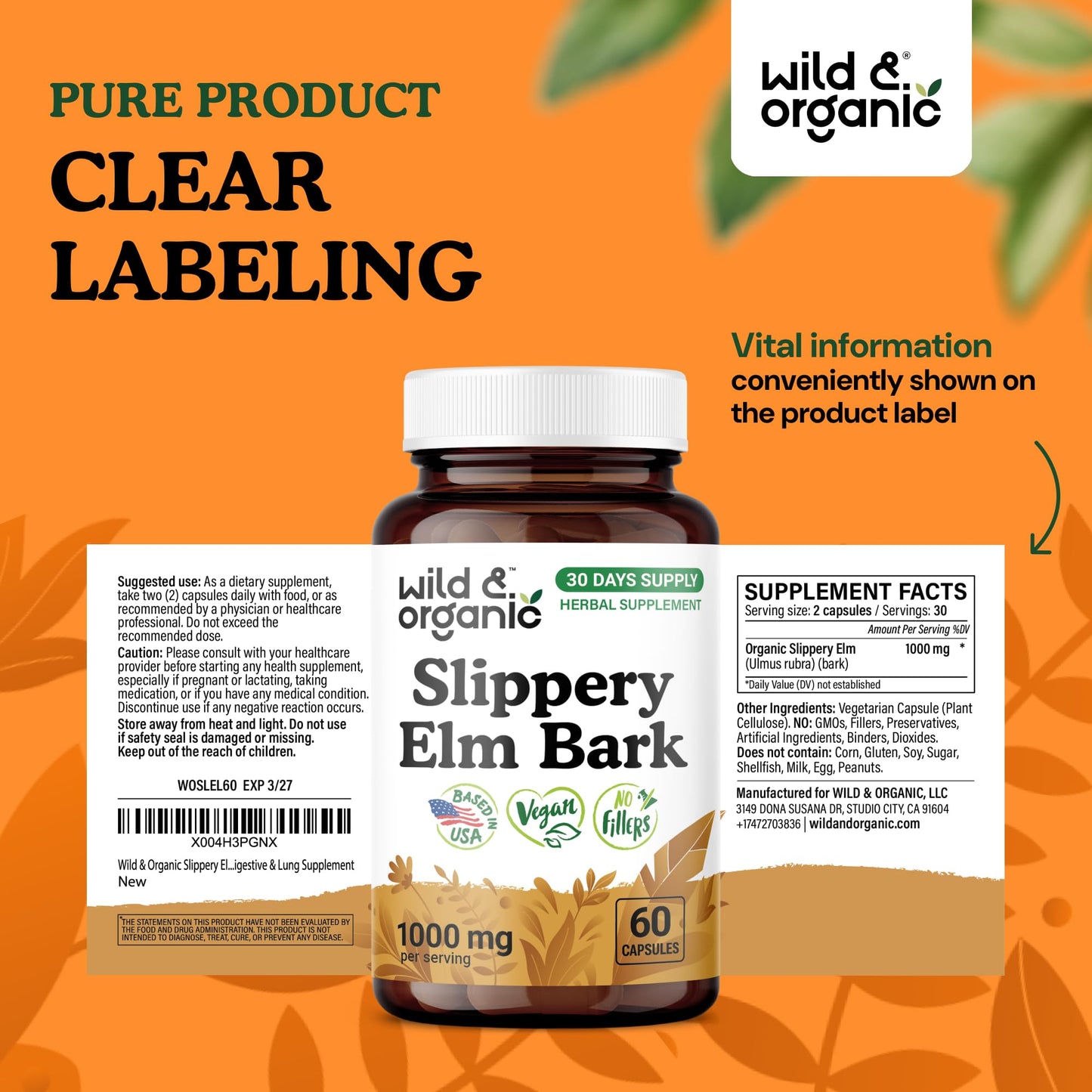 Wild & Organic Slippery Elm Capsules 1000 mg, 60 Count