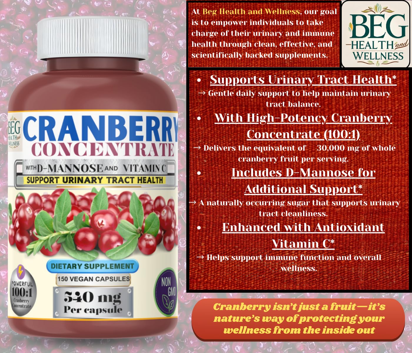 Generic Cranberry Supplement with D-Mannose & Vitamin C – Urinary Tract & Bladder Support, Vegan, Non-GMO, 150 Capsules
