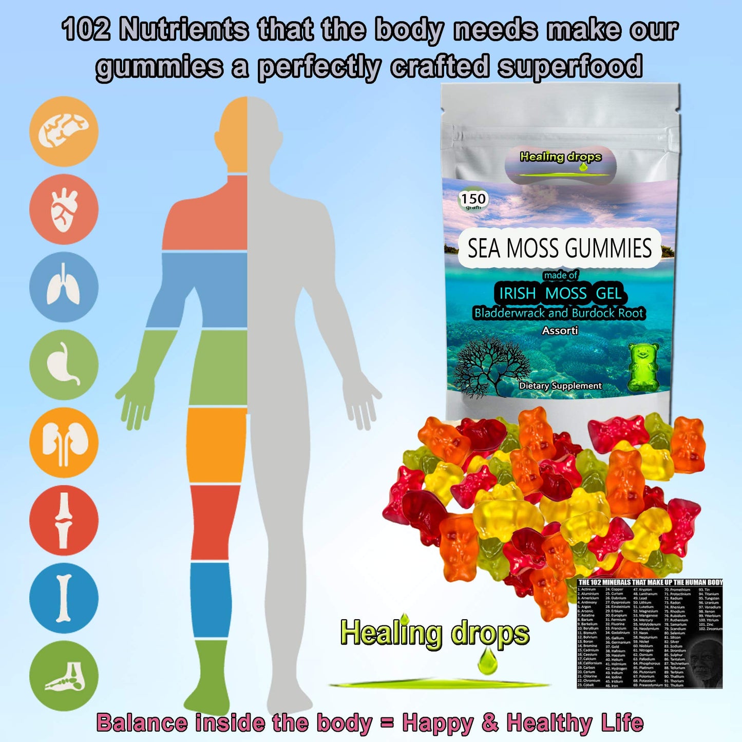 Healing Drops Sea Moss Gummies, Irish Sea Moss, Chewable, 50 Count