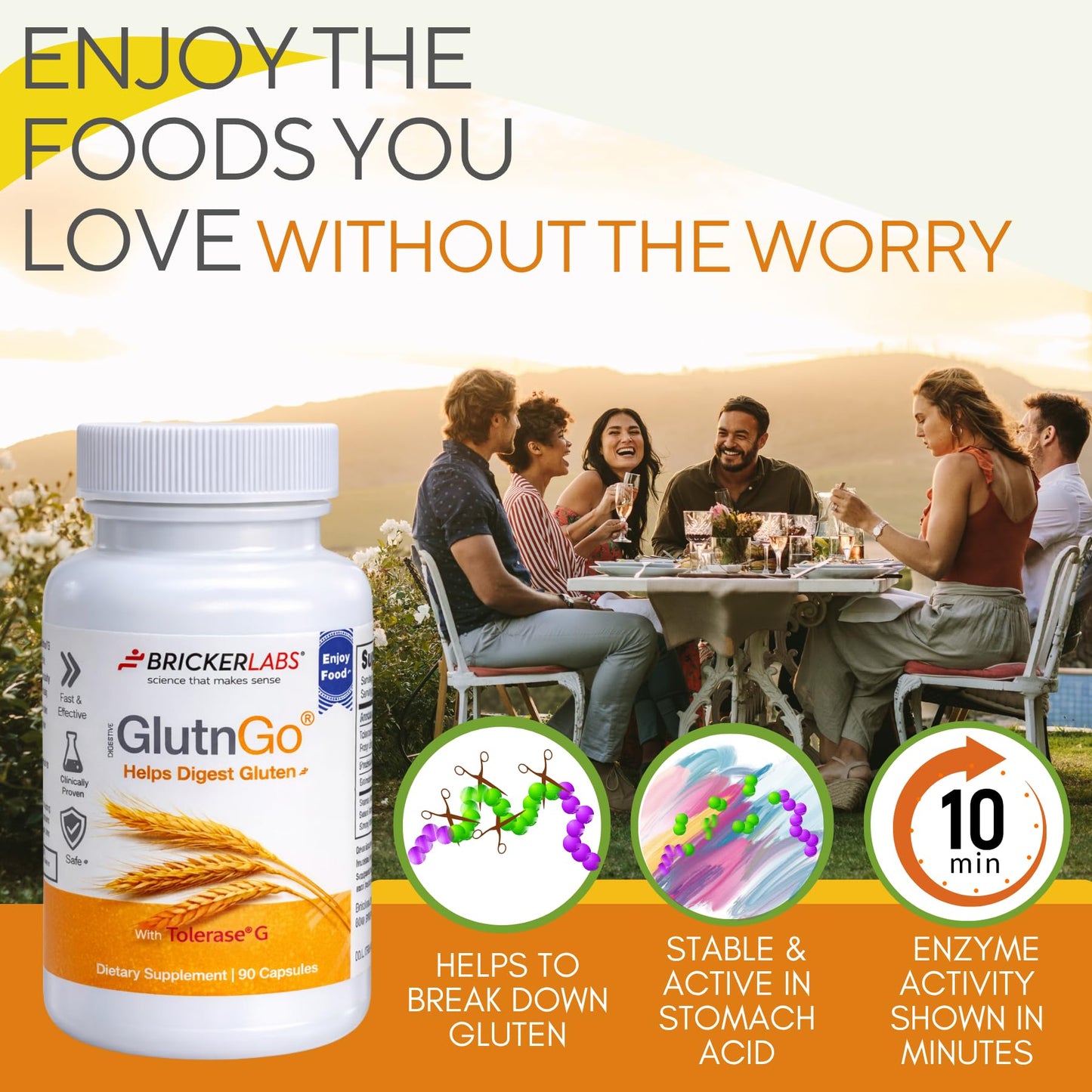 Bricker Labs GlutnGo Gluten Digestive Enzyme with Tolerase G 100mg Capsules, 90 Count