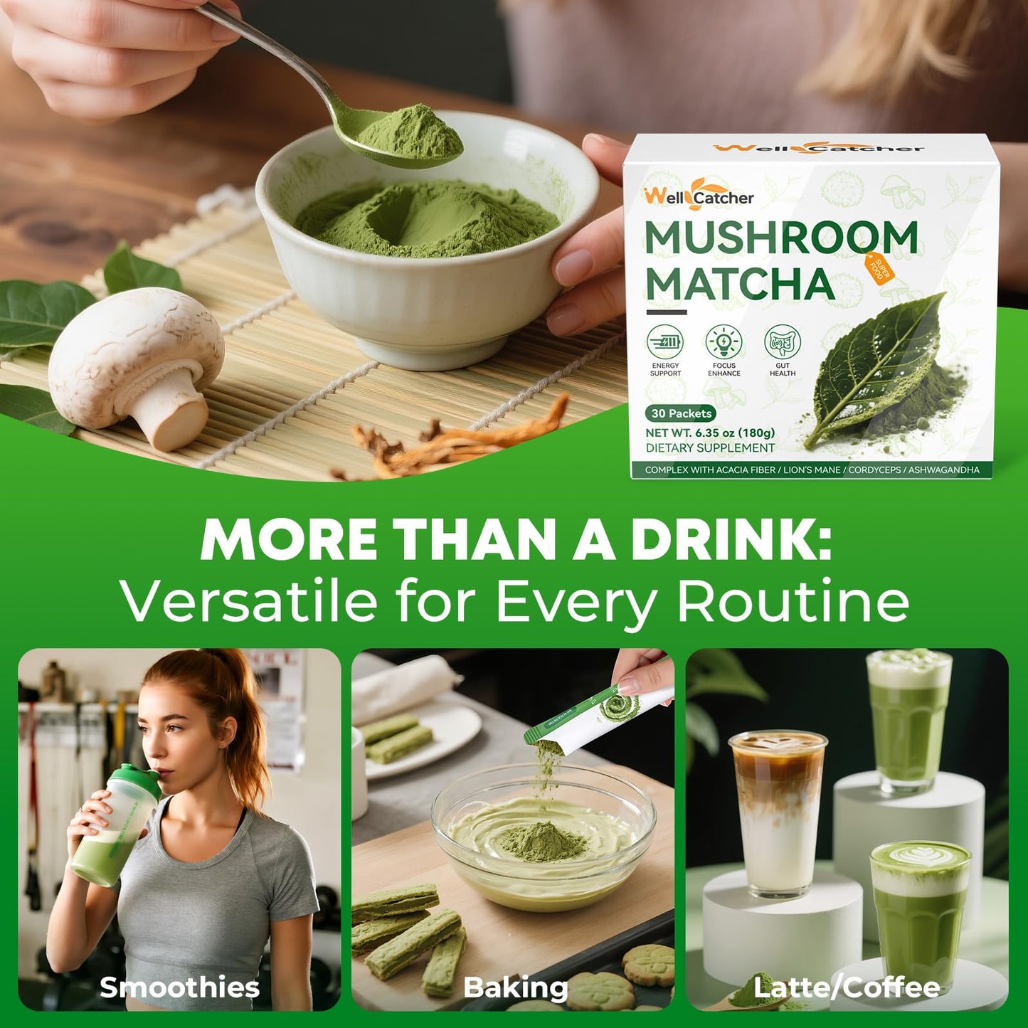 Wellcatcher Mushroom Matcha Powder 6.4 Ounce