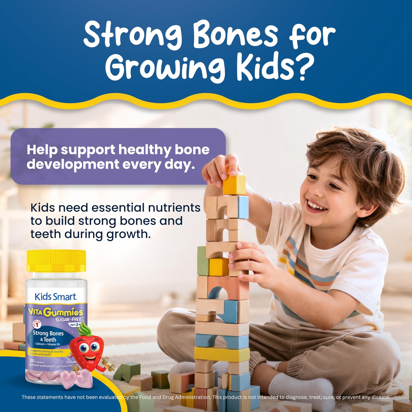 KIDS SMART Strong Bones Calcium + D3 Gummy, Bone & Teeth Support, Kids 3+, 30 Count
