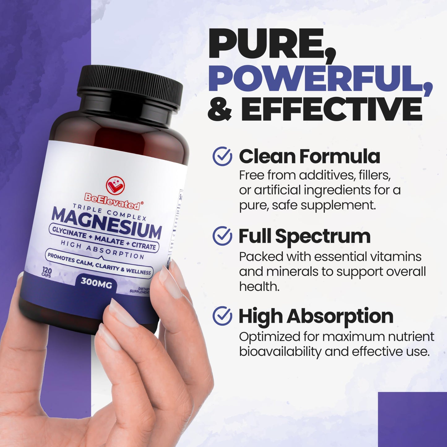 BeElevated Triple Magnesium Complex Supplement – 300mg Fast-Acting Magnesium Glycinate and Citrate Combo, with Malate for Relaxation, Sleep & Well-Being – Natural, Vegan, Non-GMO, 240 Capsules