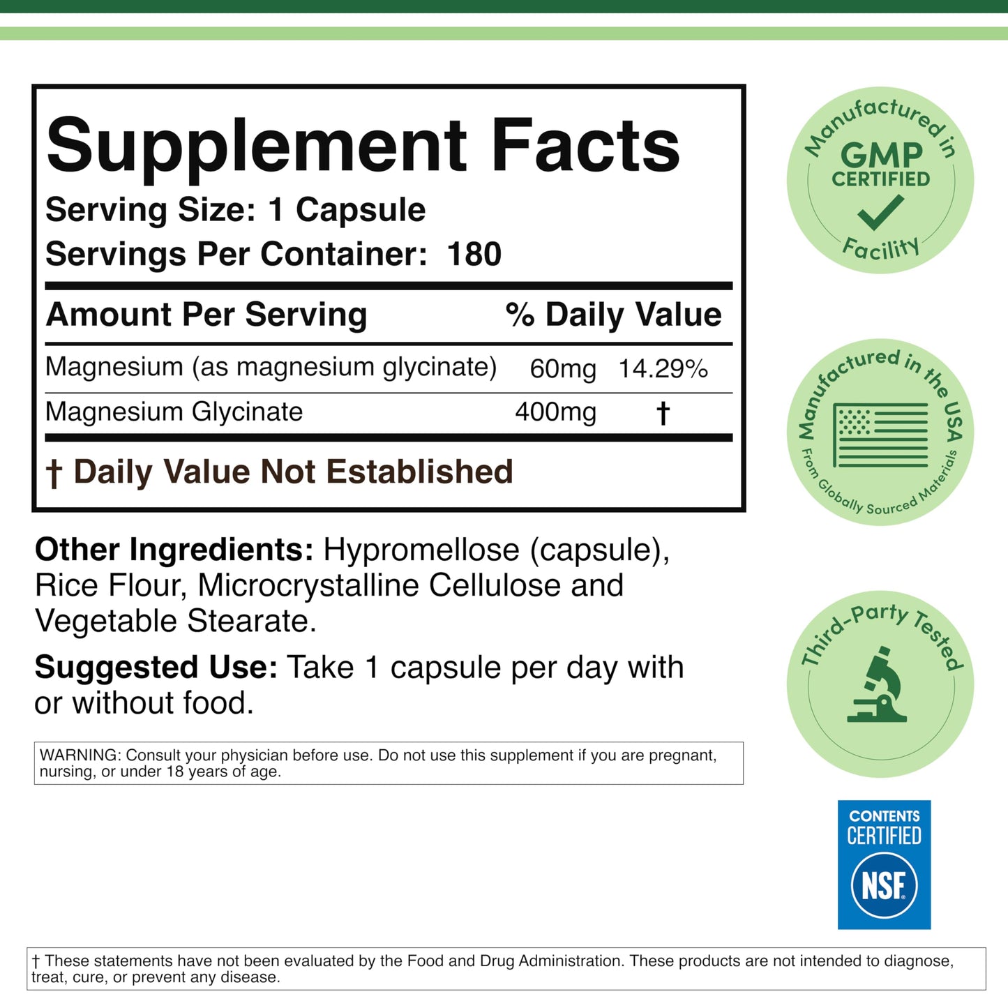 Double Wood Supplements Magnesium Glycinate 400mg Capsule 180 Count