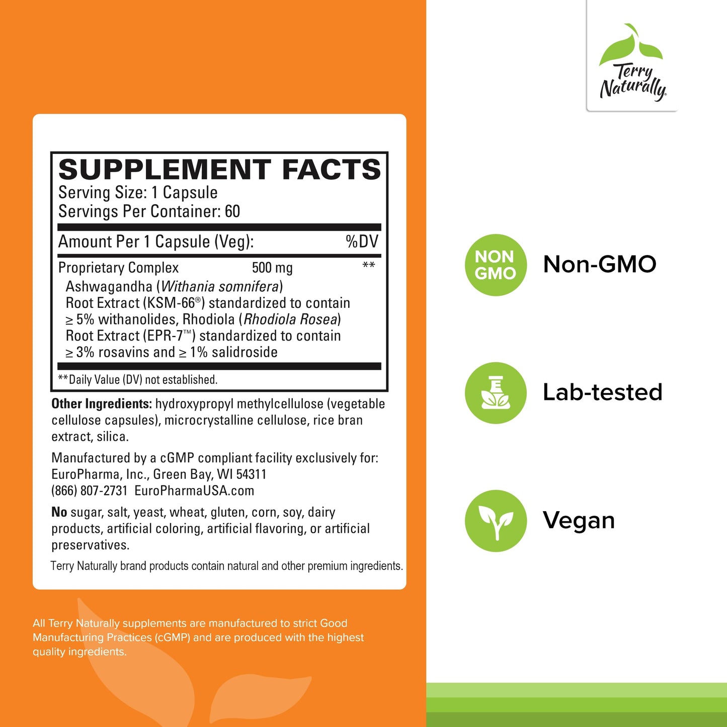 Terry Naturally Adaptra - Supplement to Support Adrenal Health - Ashwagandha Supplement with Rhodiola Rosea Extract - Herbal Supplement to Support Energy & Concentration Capsule 60 Count