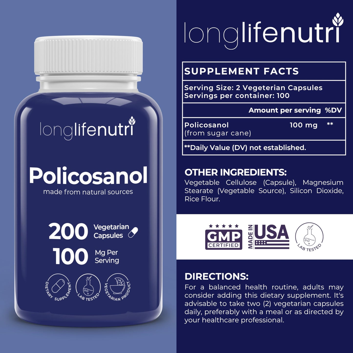 LongLifeNutri Policosanol 100mg Capsules, 200 Count