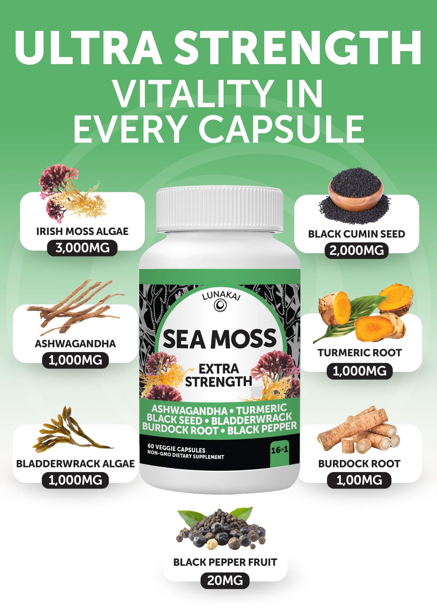 Lunakai Shilajit & Sea Moss Capsules Bundle with Ashwagandha, Black Seed Oil & Rhodiola for Strength & Immune Support, 120 Capsules