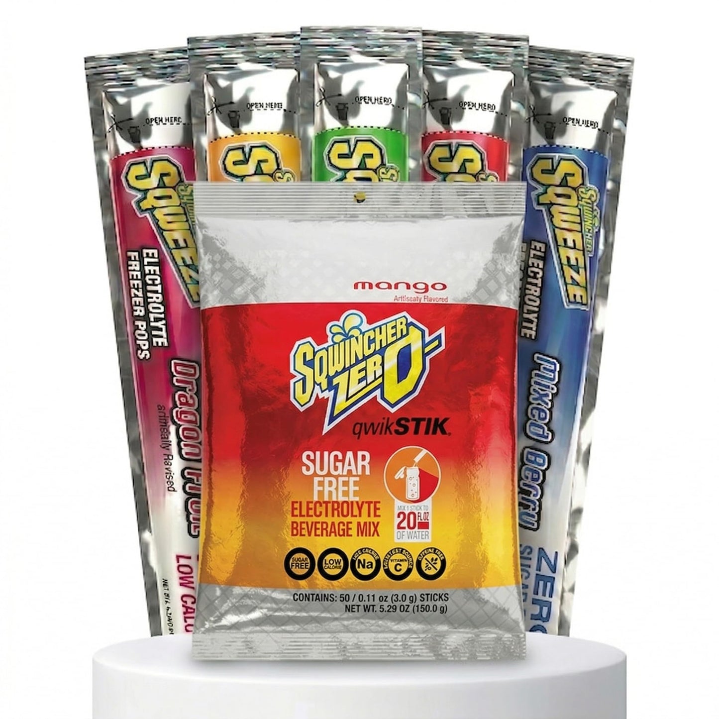 Aabaco Sqwincher Bundle: Mango Zero Qwik Stiks (20oz Yield) & Sqweeze Sugar Free Electrolyte Freezer Pops 5-Flavor Variety Pack Powder 1