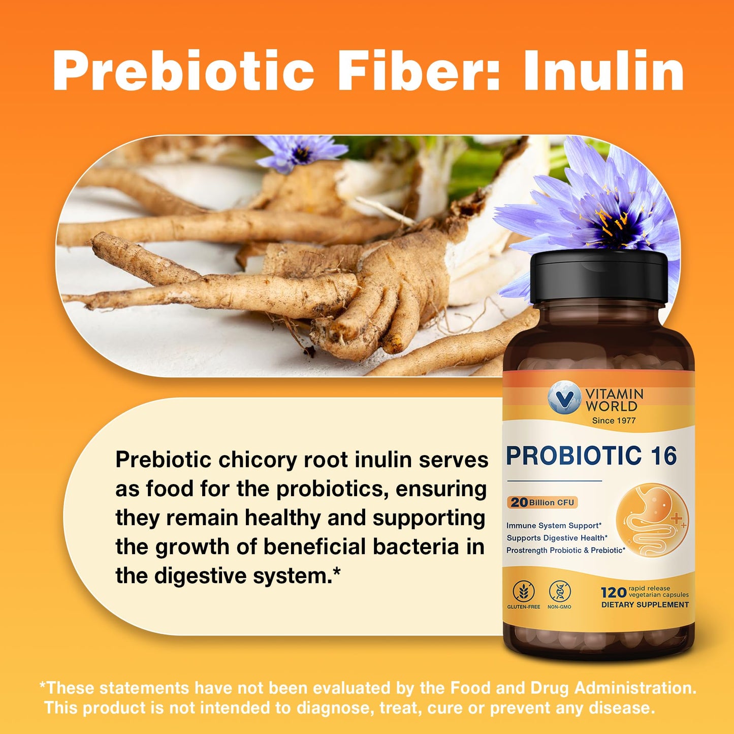 Vitamin World Probiotic 16, 20 Billion CFU, 16 Strains with Prebiotic Fiber Capsules 120 Count