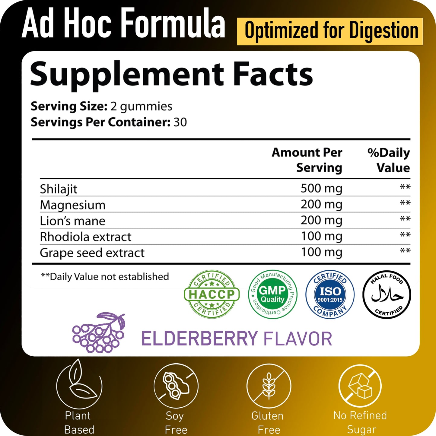 ad hoc Shilajit Gummies 1100mg Gold with Magnesium, Lions Mane, Rhodiola, Grape Seed, 85+ Trace Minerals & Fulvic Acid, Himalayan Shilajit for Energy Immune Support, 60 Count