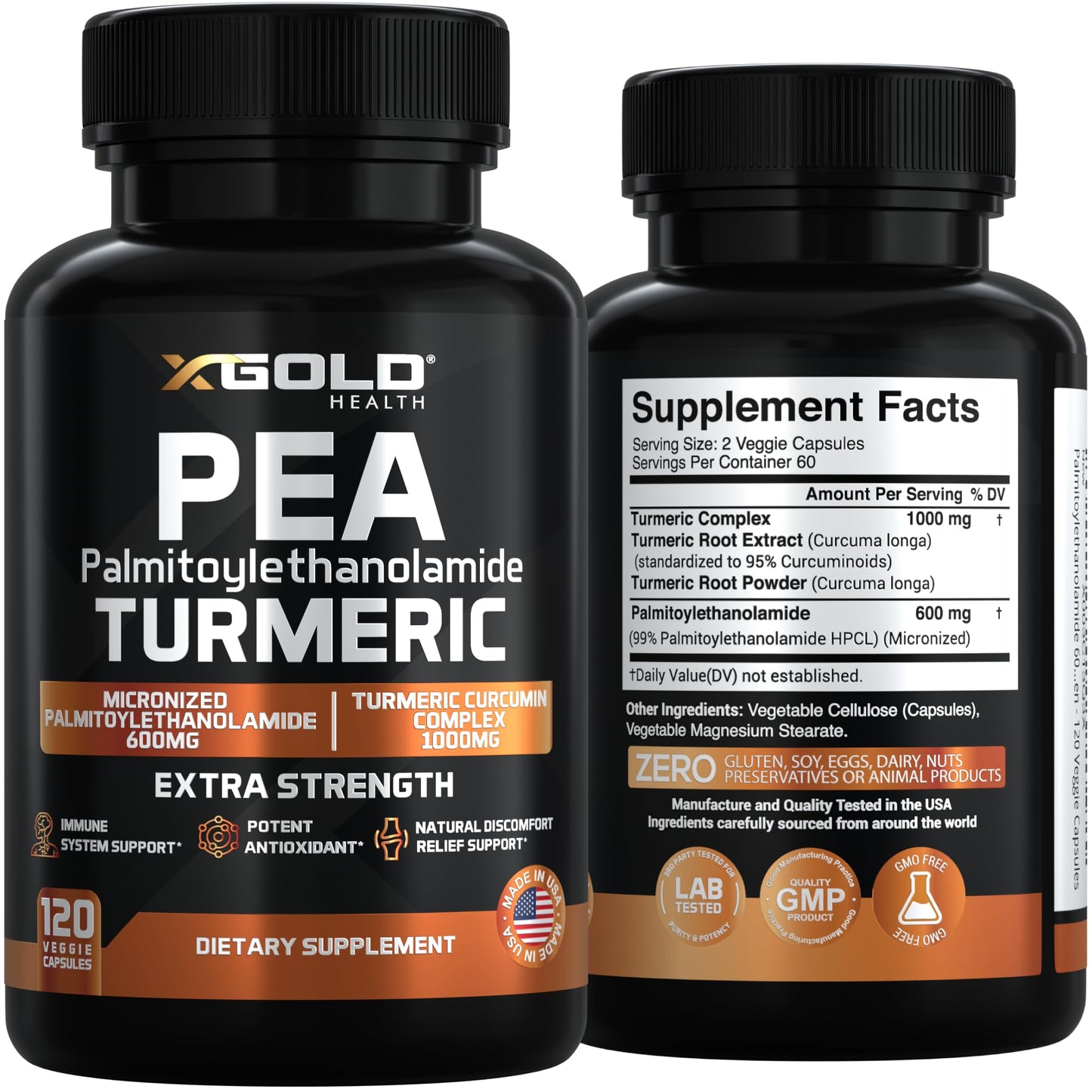 X Gold Health Pea Palmitoylethanolamide + Turmeric Curcumin Complex 1600mg Micronized 99% & 95% Curcuminoids High Potency Joint Support, Mobility & Comfort Capsules 120 Count