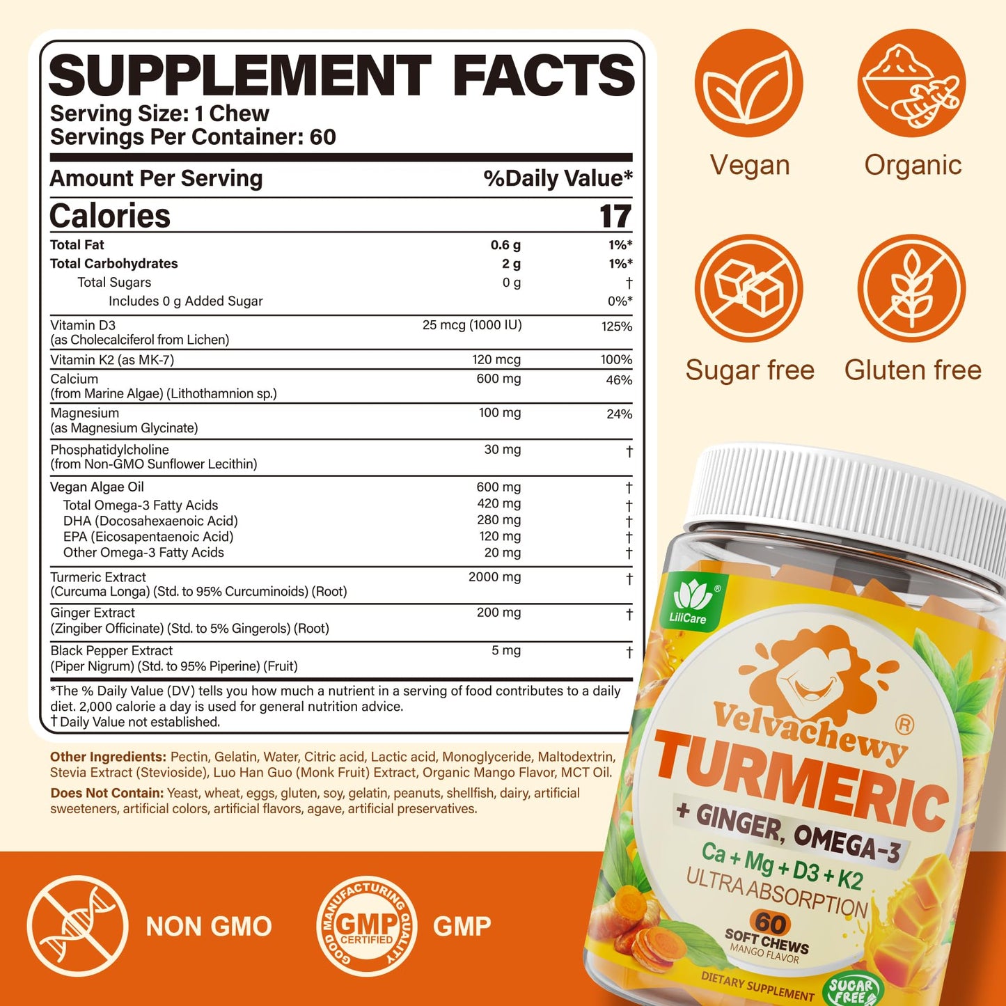 LILICARE Liposomal Turmeric and Ginger Supplement + Omega 3 Gummies Chews 60