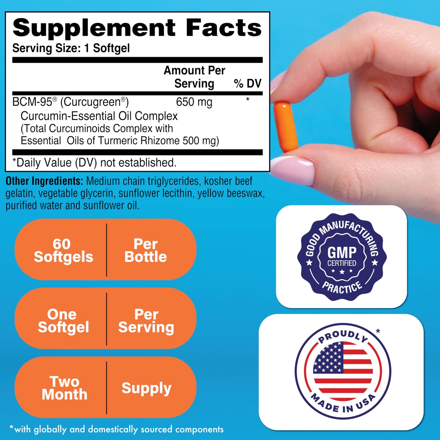 Health Thru Nutrition Curcumin 650mg BCM-95 Curcugreen Turmeric Curcumin Complex High Absorption Healthy Inflammation Response Clinically Studied 3rd Party Tested Non-GMO 60 Capsules