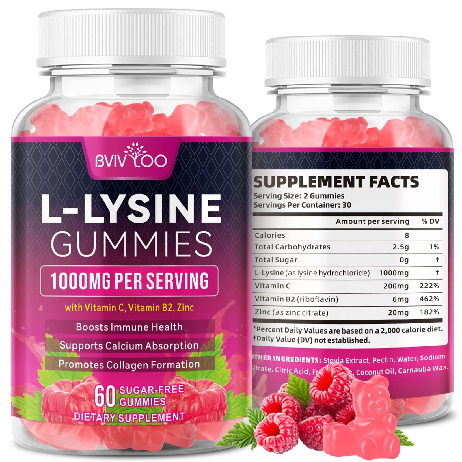 BVIVLOO L-Lysine 1000mg Gummies for Immune Support & Skin Health - High Potency Vegan, Sugar-Free, Gluten-Free with Natural Raspberry Flavor, Adults & Kids, 60 Gummies