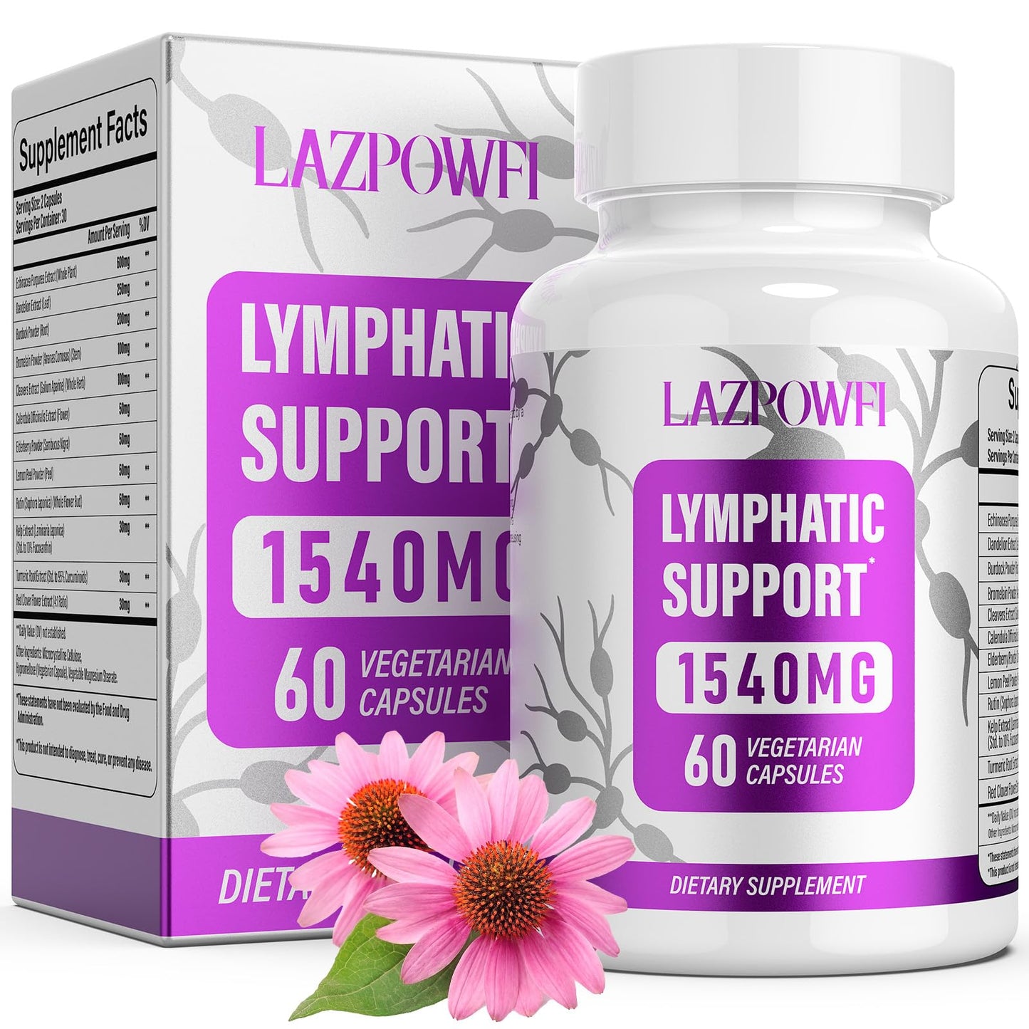 Lazpowfi Lymphatic Drainage Supplements 1540mg Lymph System Support, 60 Capsules