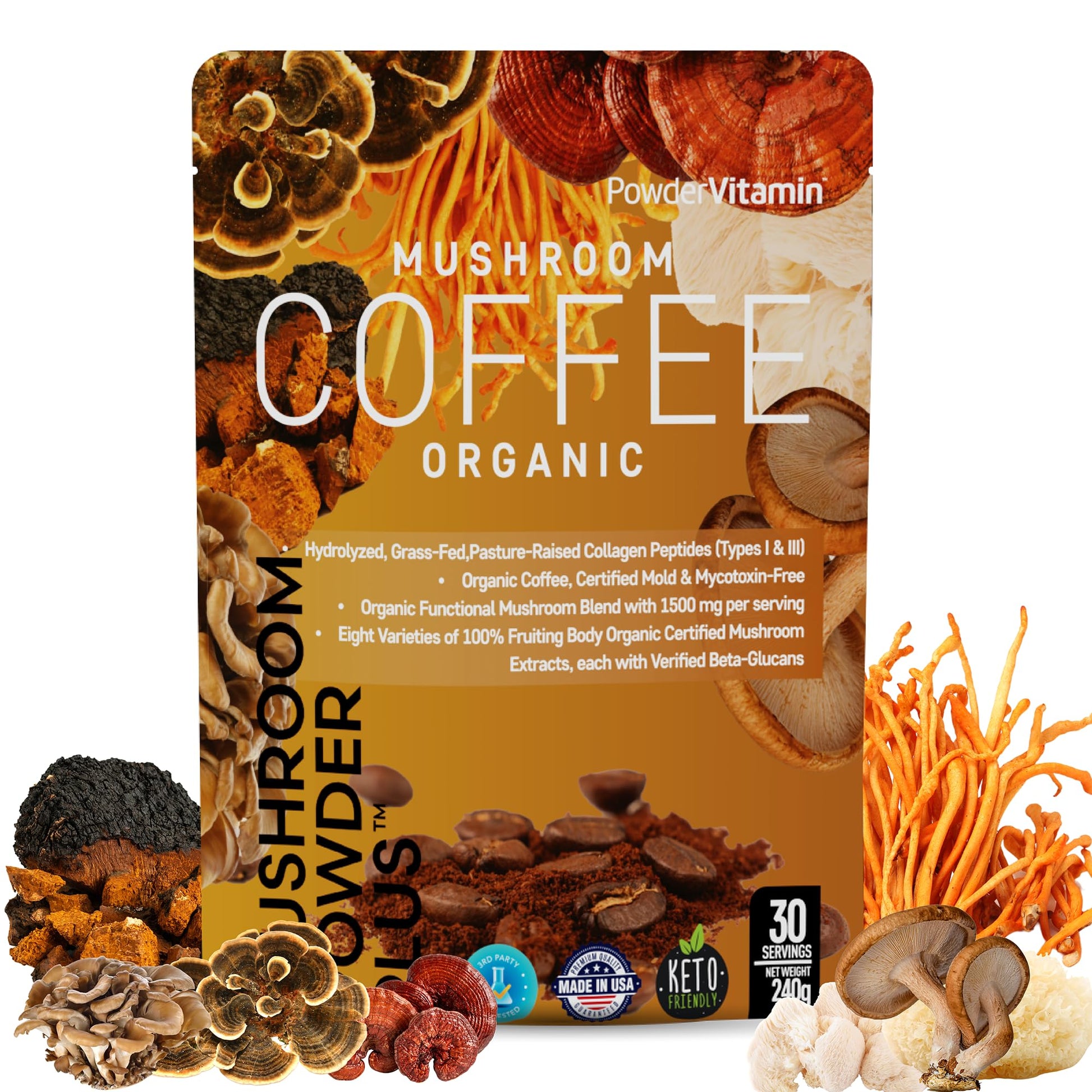 PowderVitamin Organic Mushroom Coffee with Grass-Fed Collagen Types I & III, 8 Fruiting Body Mushrooms, 8.5 Ounce Powder