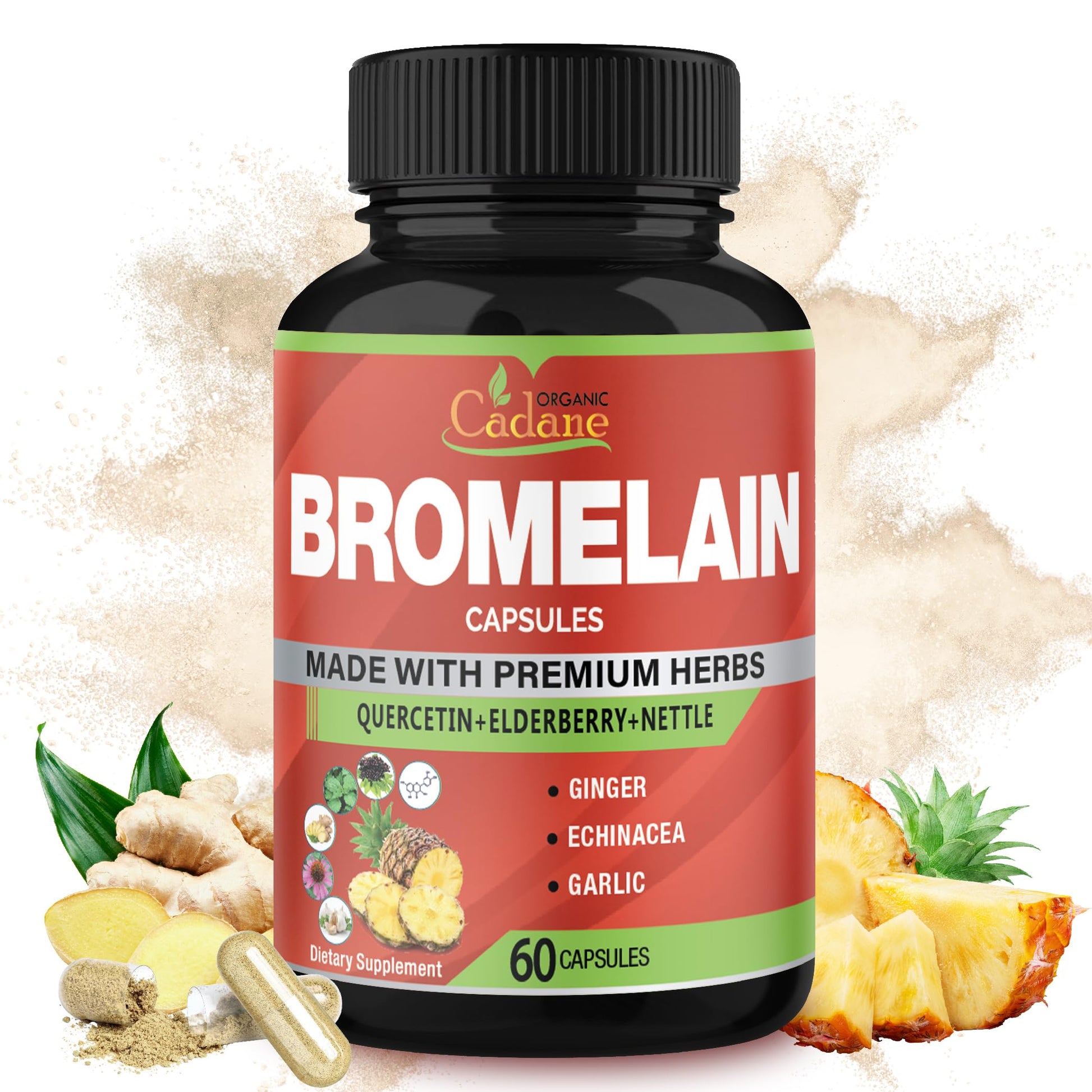 Organic Cadane Bromelain Extract Capsules, 8in1 with Quercetin, Elderberry, Nettle, Ginger, Echinacea, Garlic, Black Pepper - Support Digestion Health & Immune System, 60 Capsules