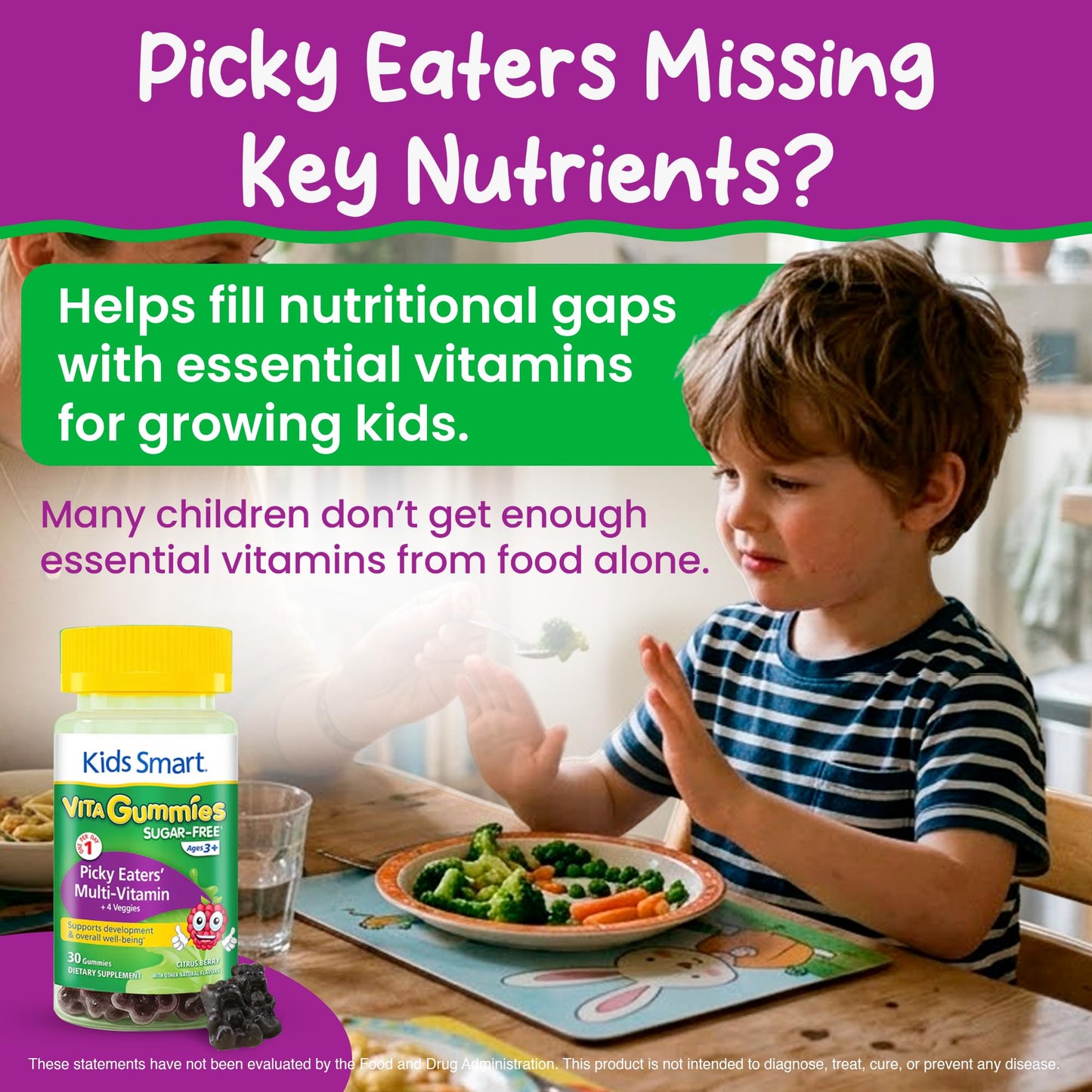 KIDS SMART Picky Eaters Multivitamin + Veggies Gummies Daily Wellbeing Chewable, 30 Count