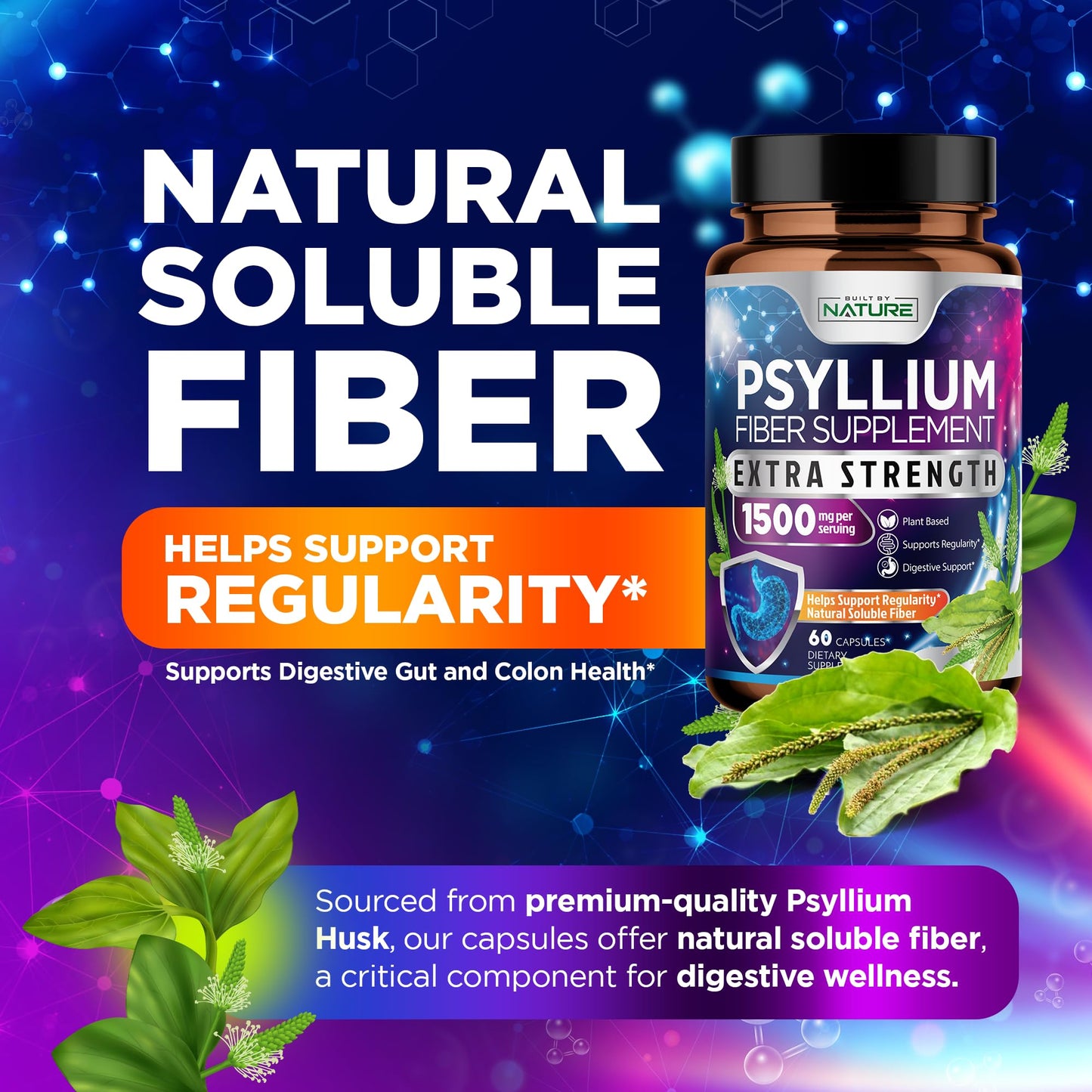 Built by Nature Psyllium Husk Capsules 2000mg, 60 Capsules