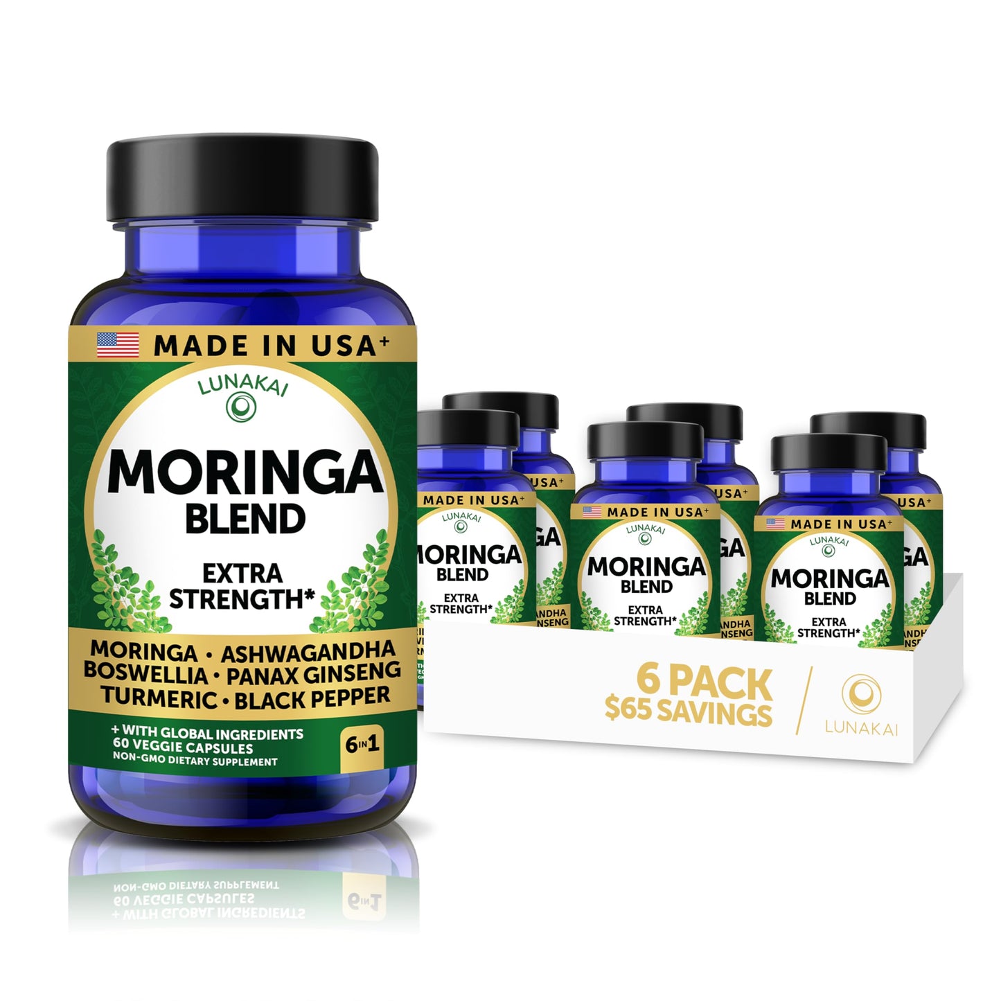 Lunakai Pure Moringa Capsules – Advanced Moringa Leaf Extract Supplement with Ashwagandha, Boswellia, Ginseng & Turmeric, 60 Capsules