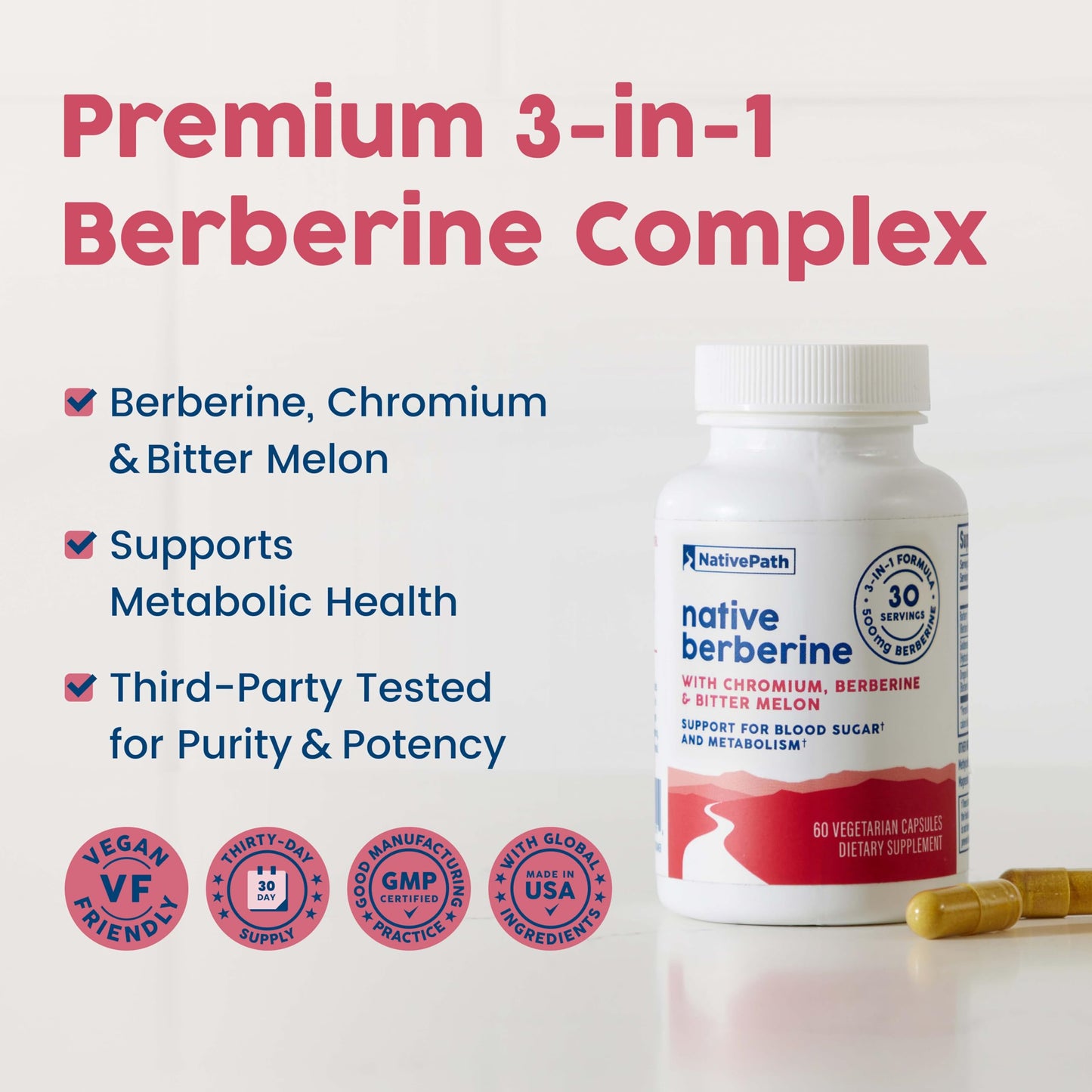 NativePath Native Berberine HCl 3-in-1 Complex with Chromium & Bitter Melon Extract 500mg Capsules, 60 Count